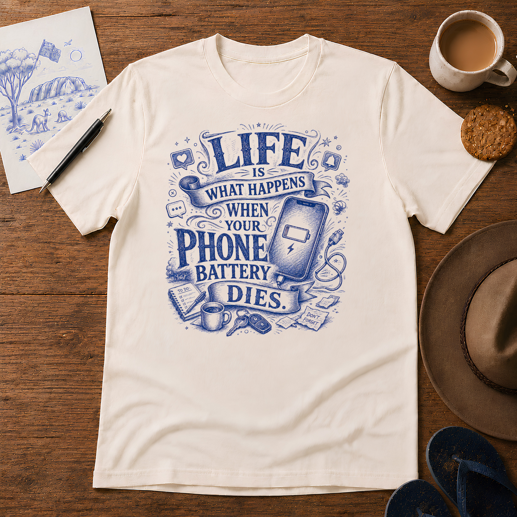 Life Happens When Your Phone Dies Tee ink-sketch T-shirt, in Natural