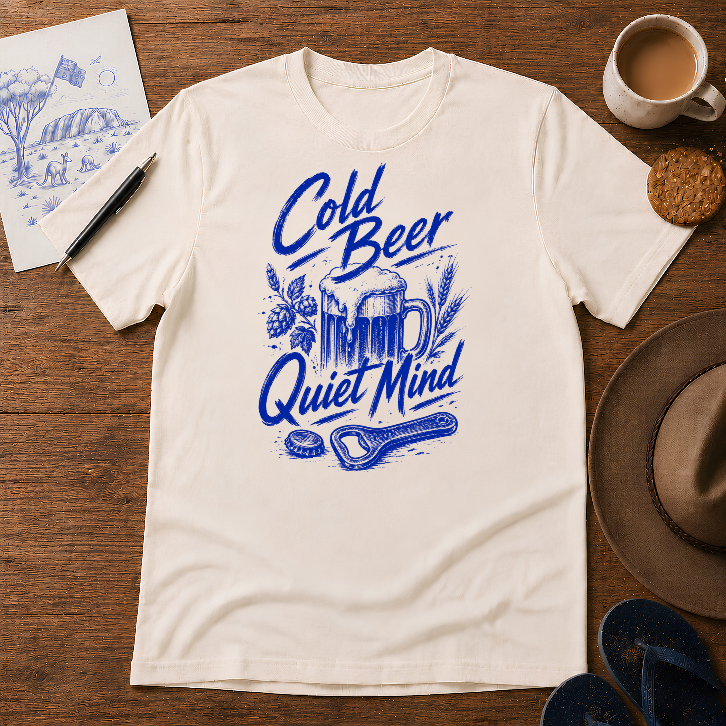 Cold Beer, Quiet Mind Tee ink-sketch T-shirt, in Natural