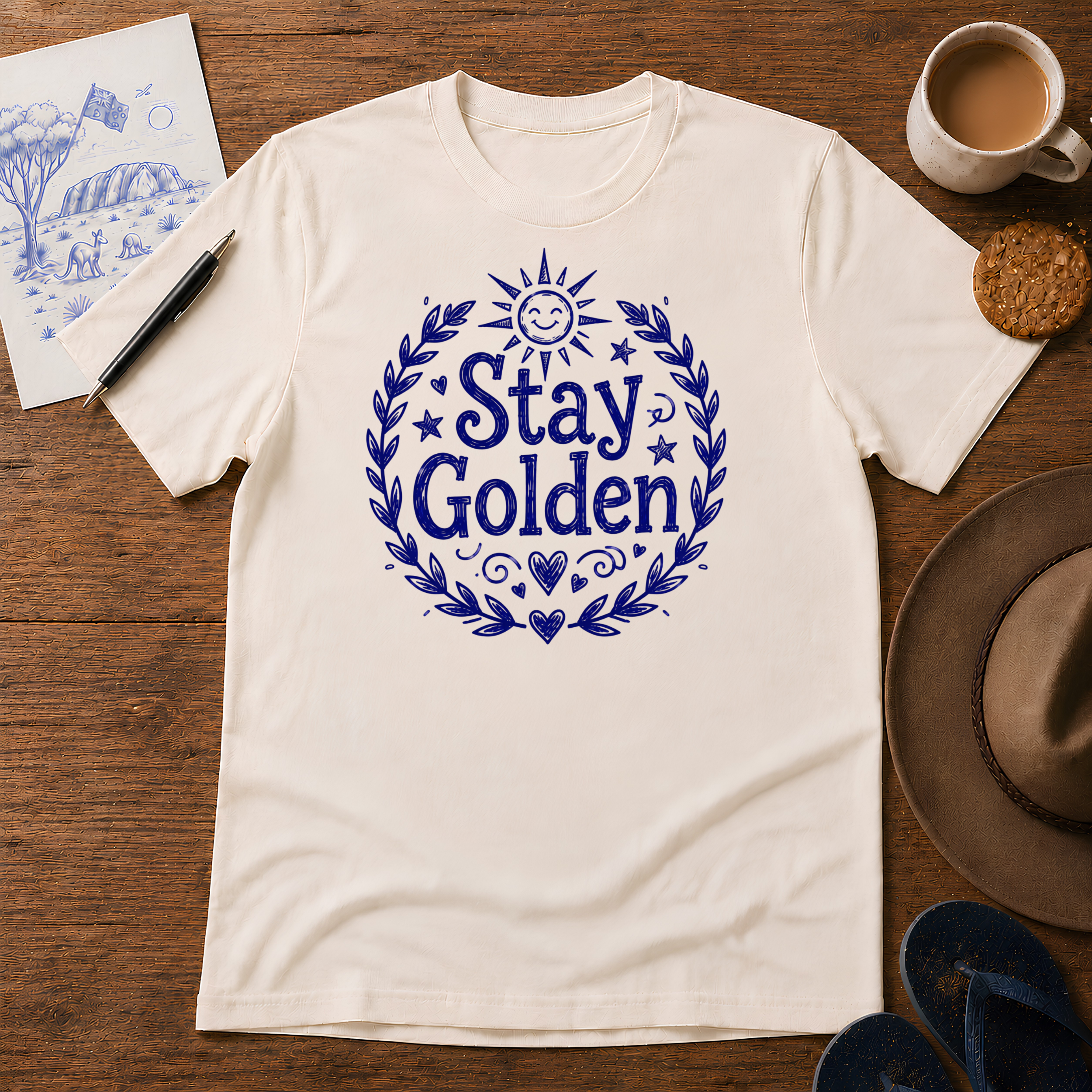 Stay Golden Tee ink-sketch T-shirt, in Natural