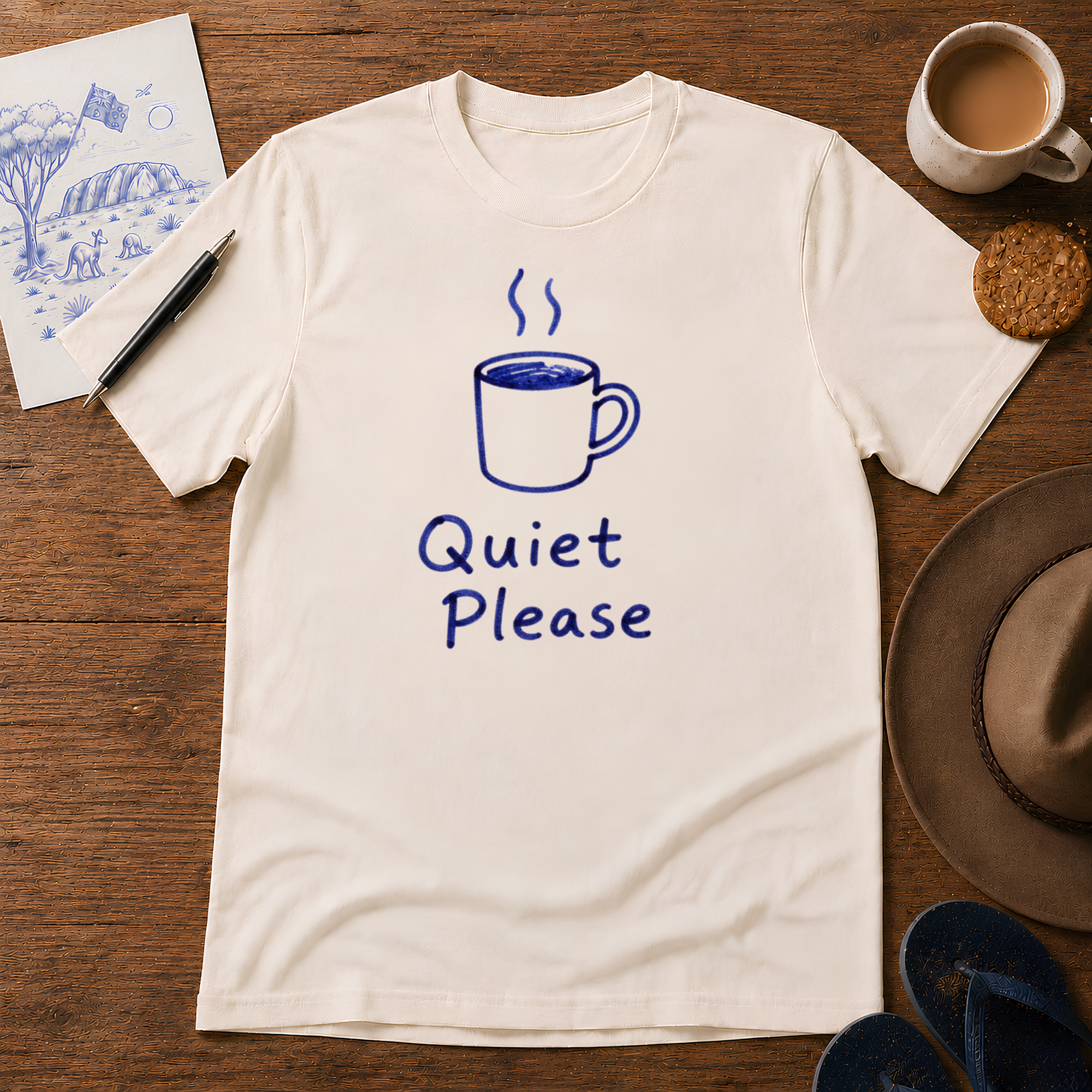 Quiet Please Tee ink-sketch T-shirt, in Natural