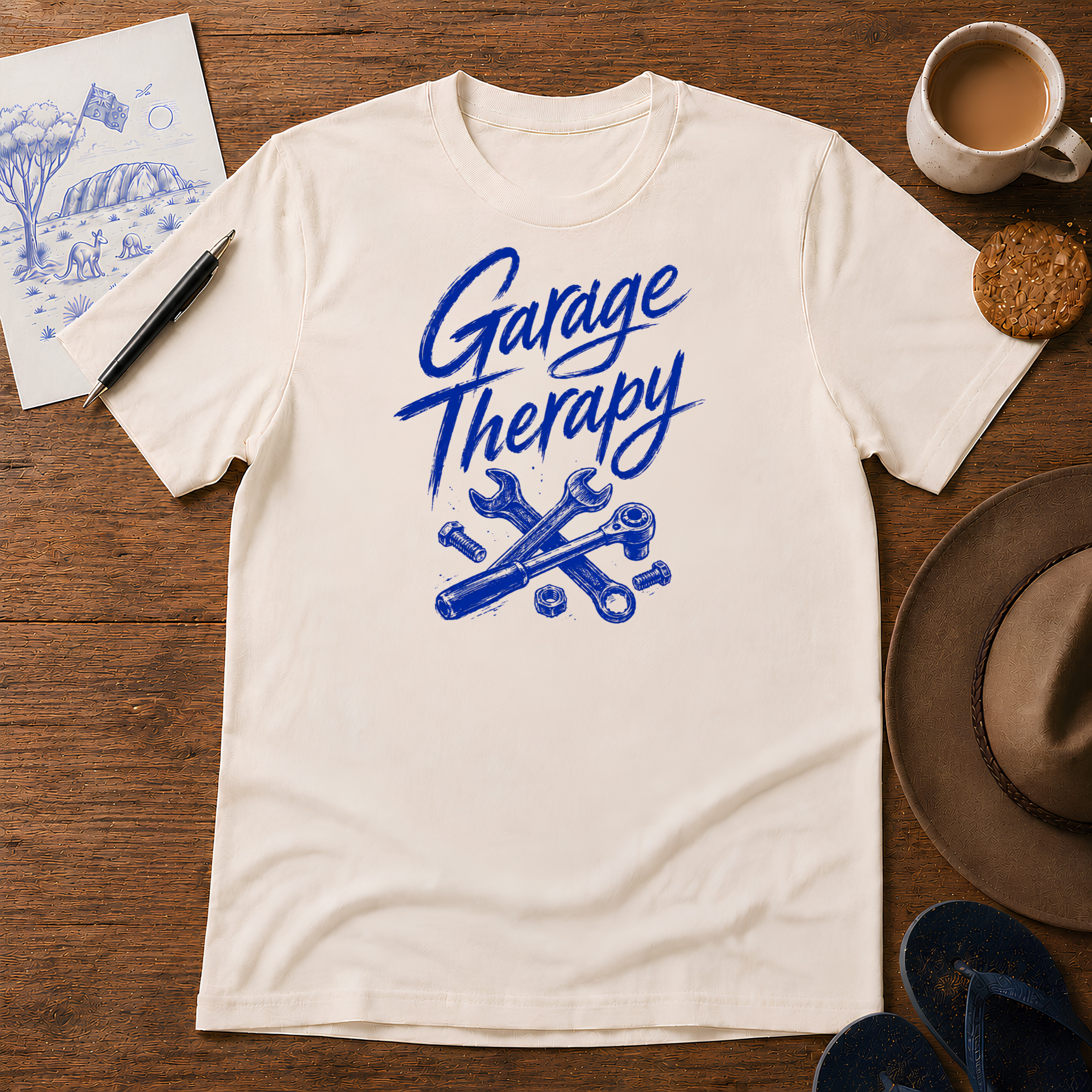 Garage Therapy Tee ink-sketch T-shirt, in Natural