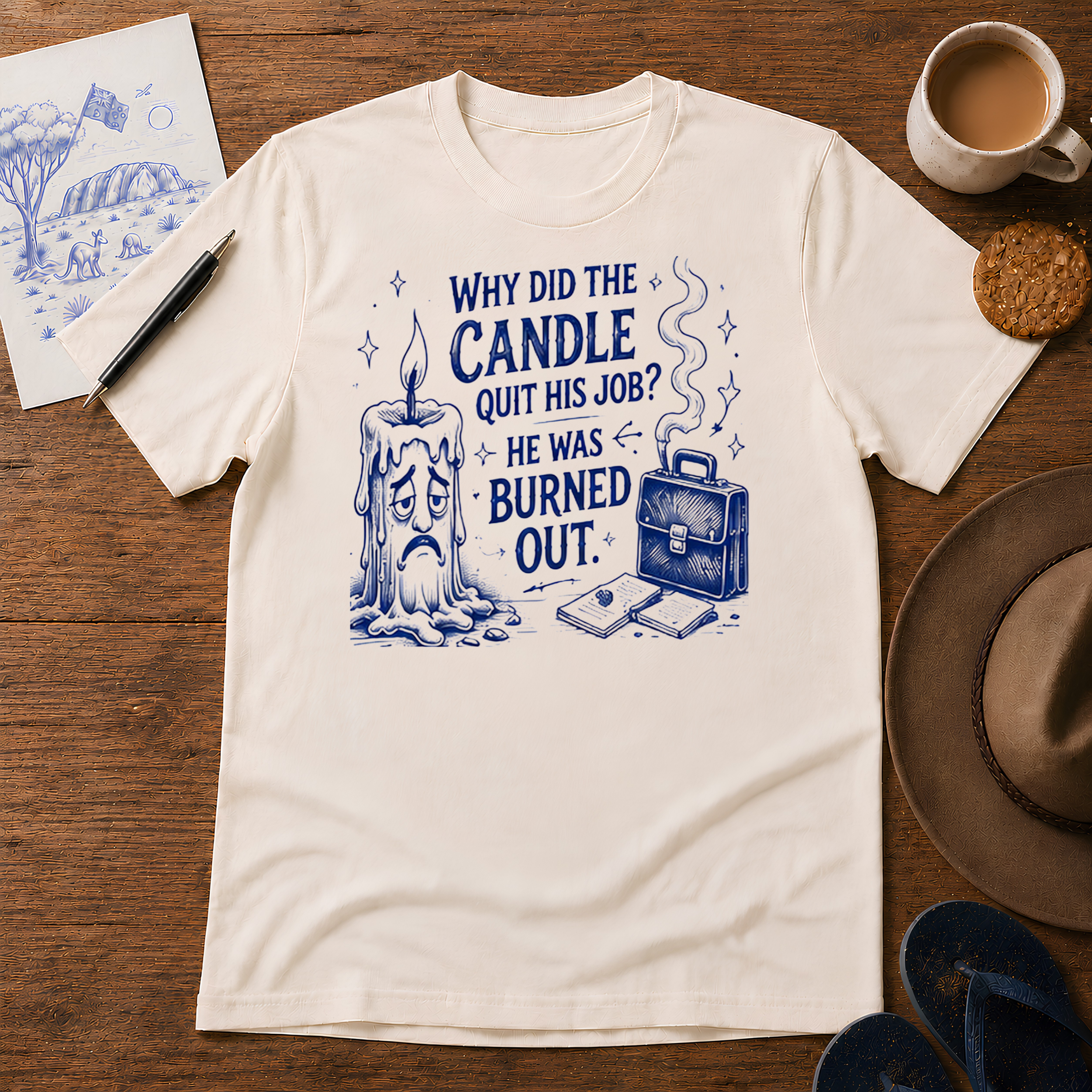 Why Did the Candle Quit His Job Tee ink-sketch T-shirt, in Natural