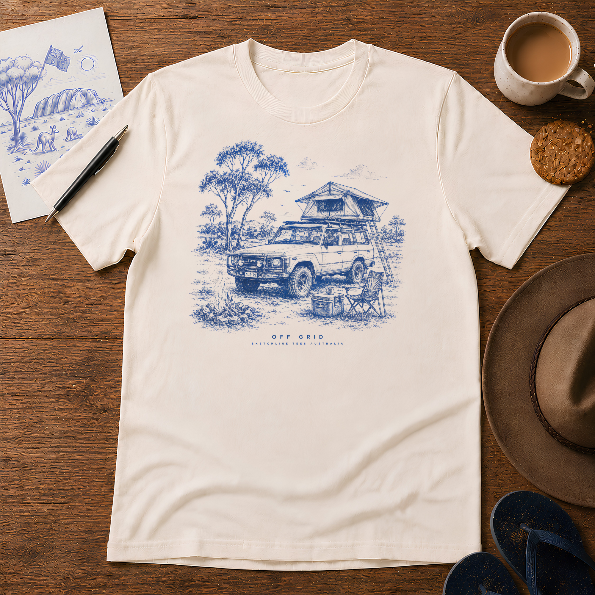 Off Grid ink-sketch T-shirt, in Natural