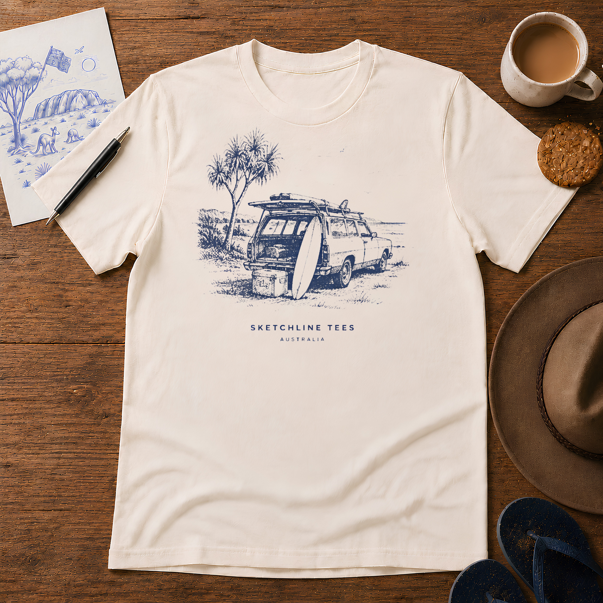 Sketchline Tees Australia ink-sketch T-shirt, in Natural