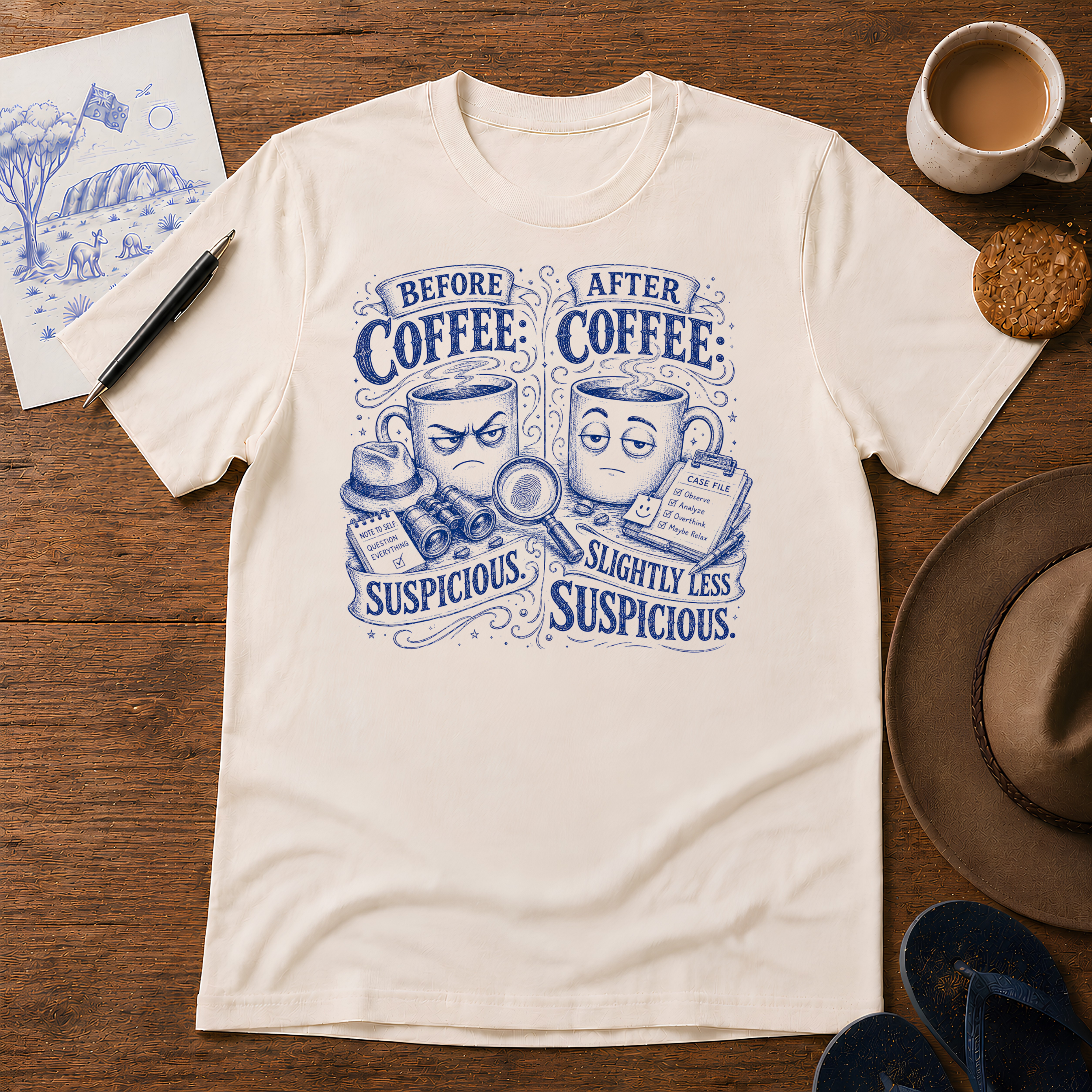 Before Coffee, After Coffee Tee ink-sketch T-shirt, in Natural