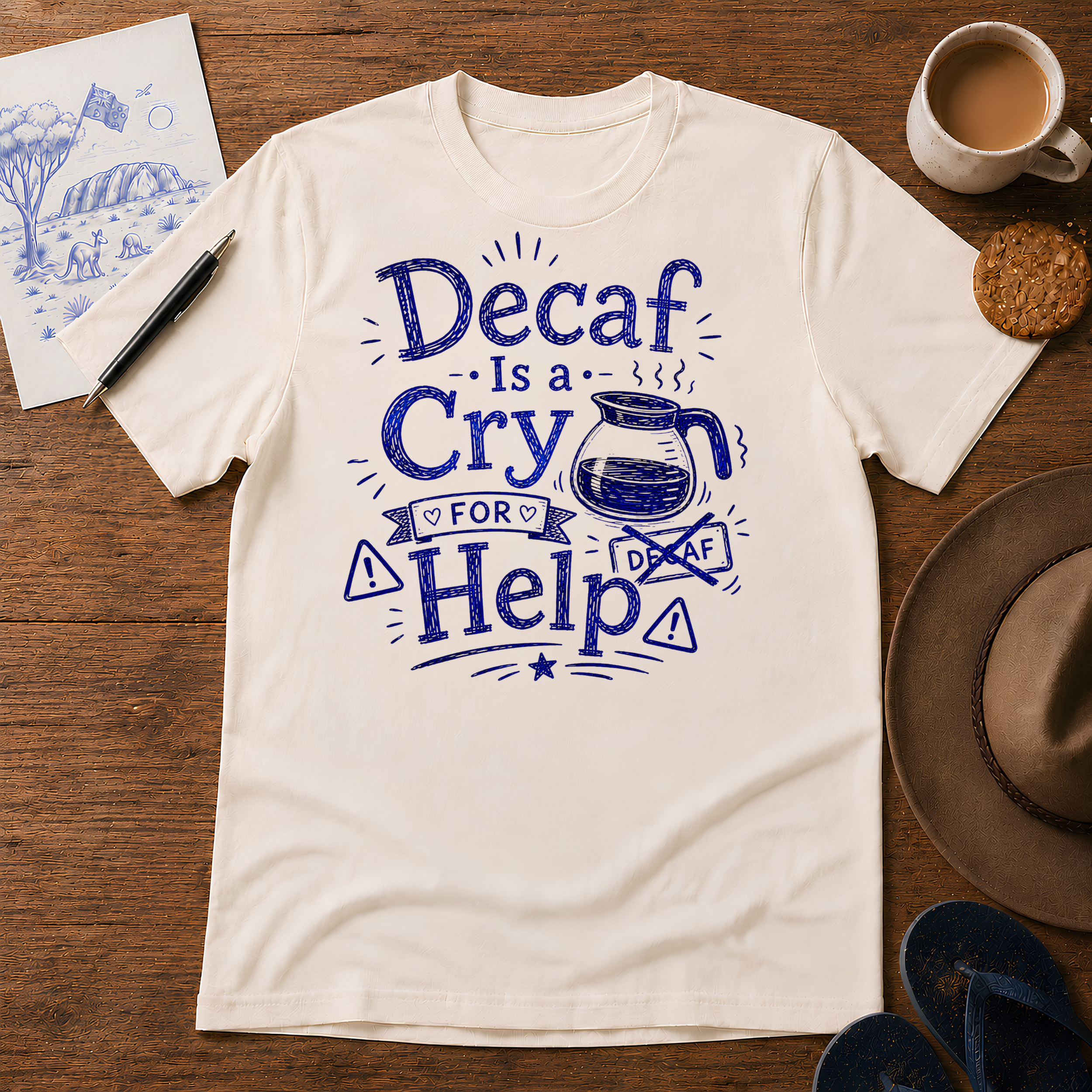 Decaf Is a Cry for Help Tee ink-sketch T-shirt, in Natural