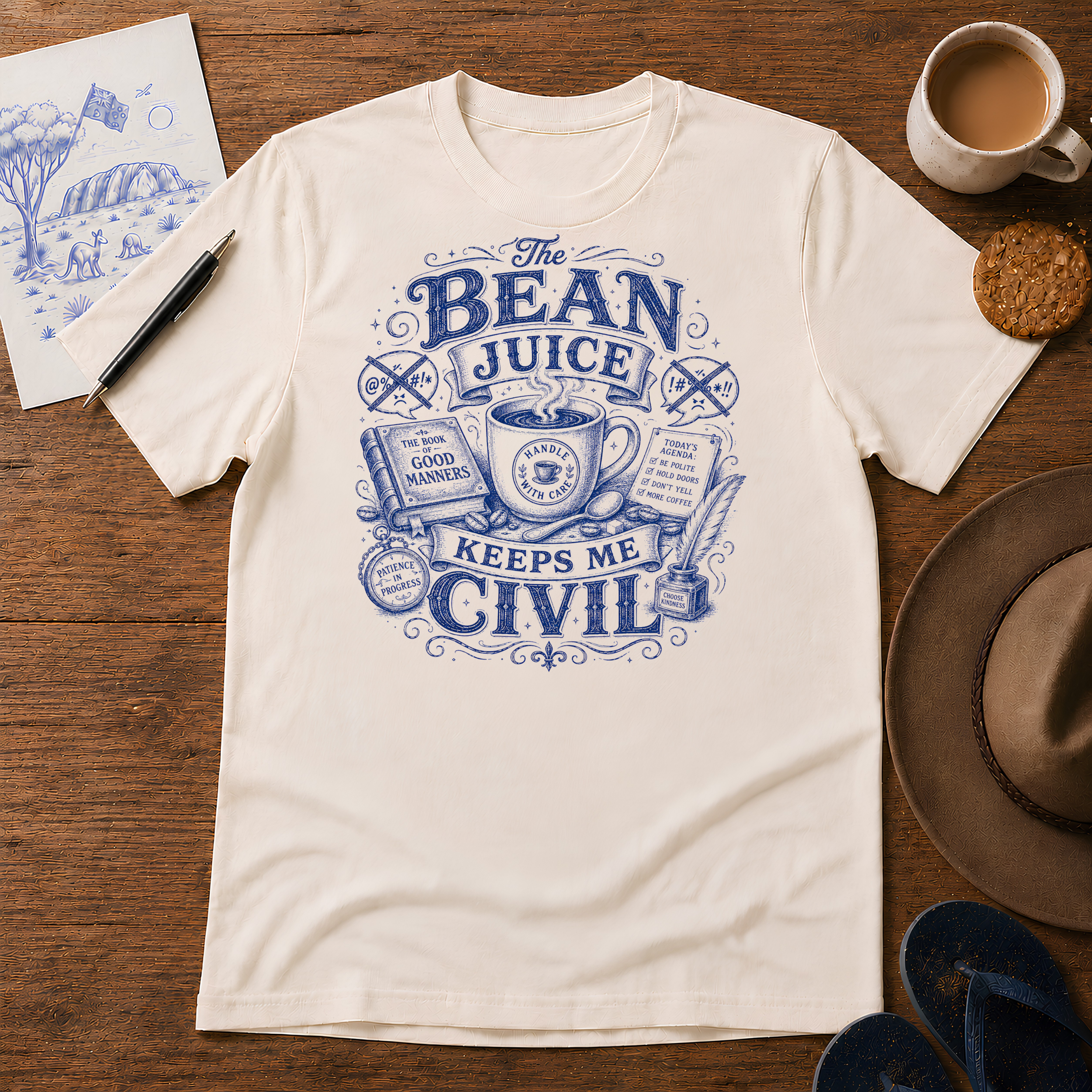 The Bean Juice Keeps Me Civil Tee ink-sketch T-shirt, in Natural