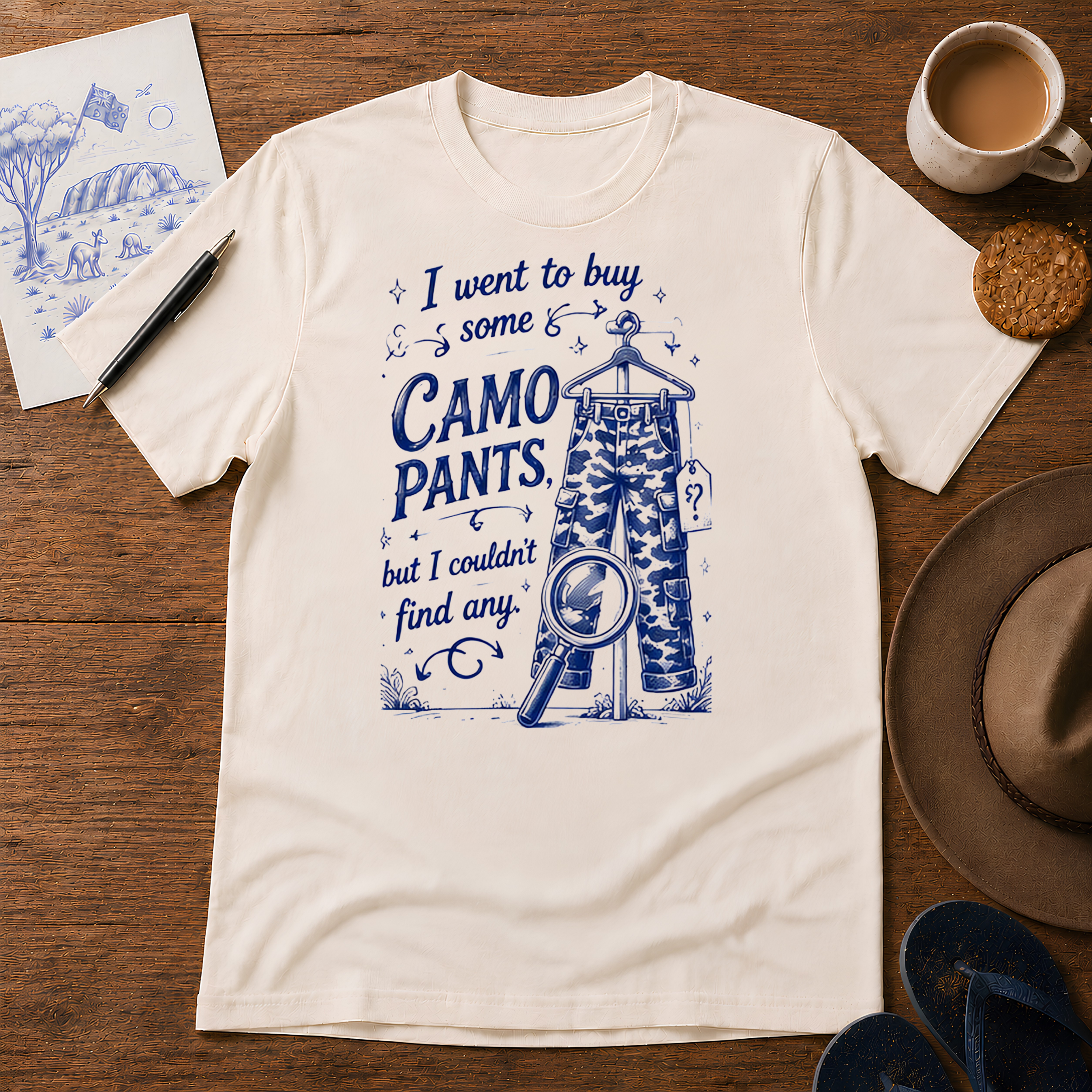 Camo Pants Tee ink-sketch T-shirt, in Natural