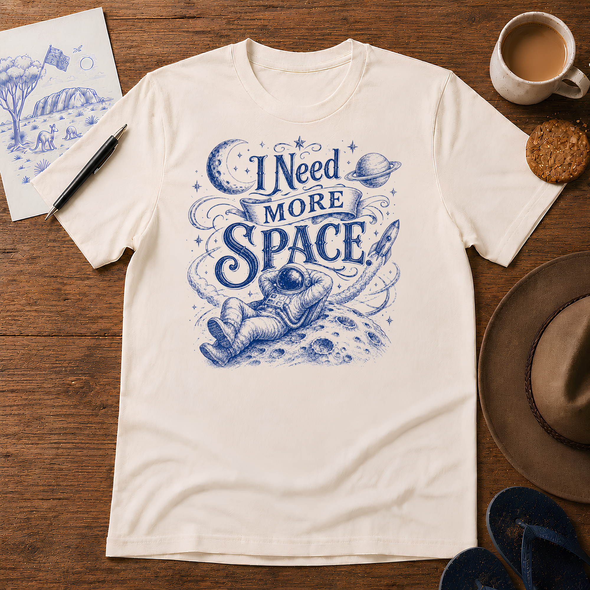 I Need More Space Tee – Original Edition ink-sketch T-shirt, in Natural