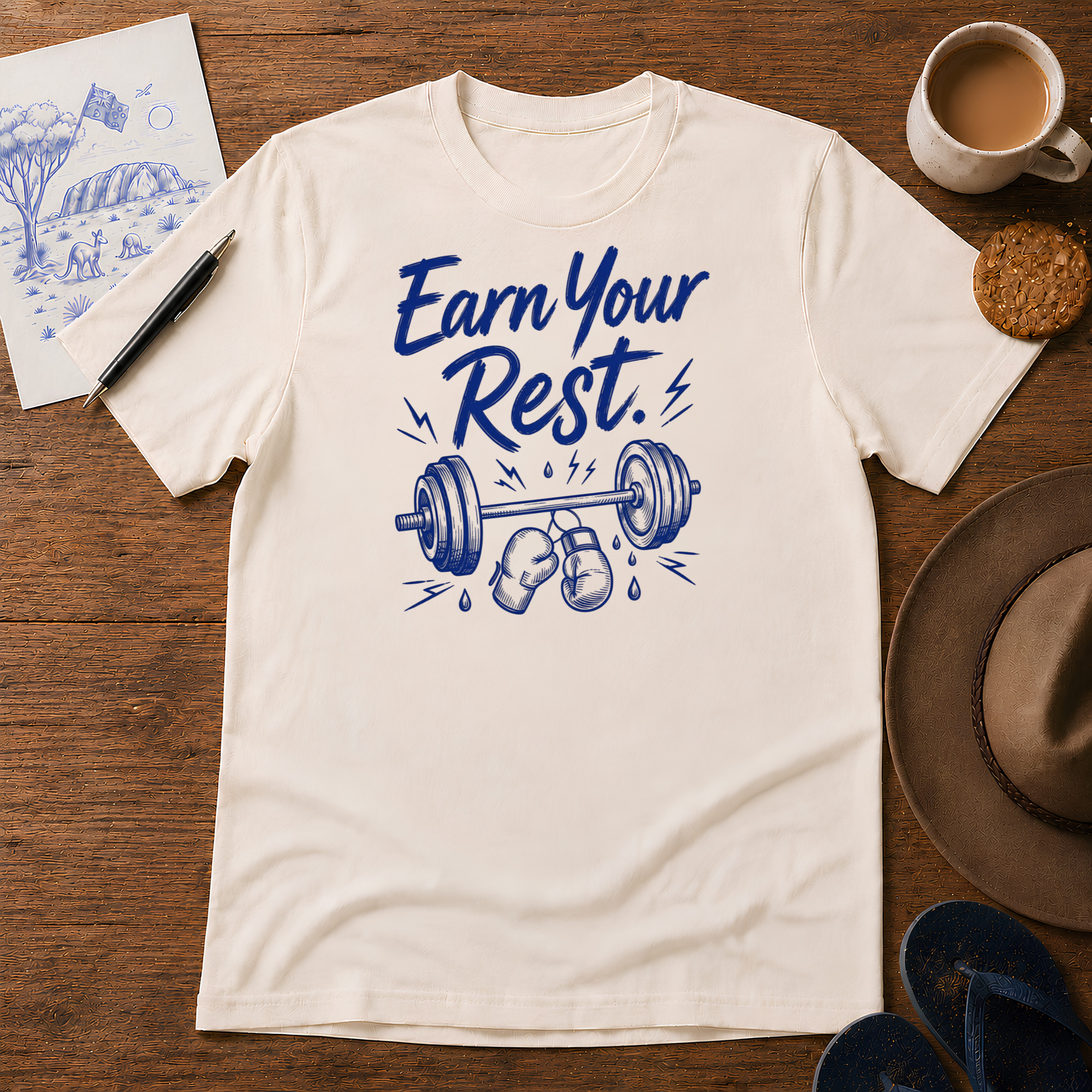 Earn Your Rest Tee ink-sketch T-shirt, in Natural
