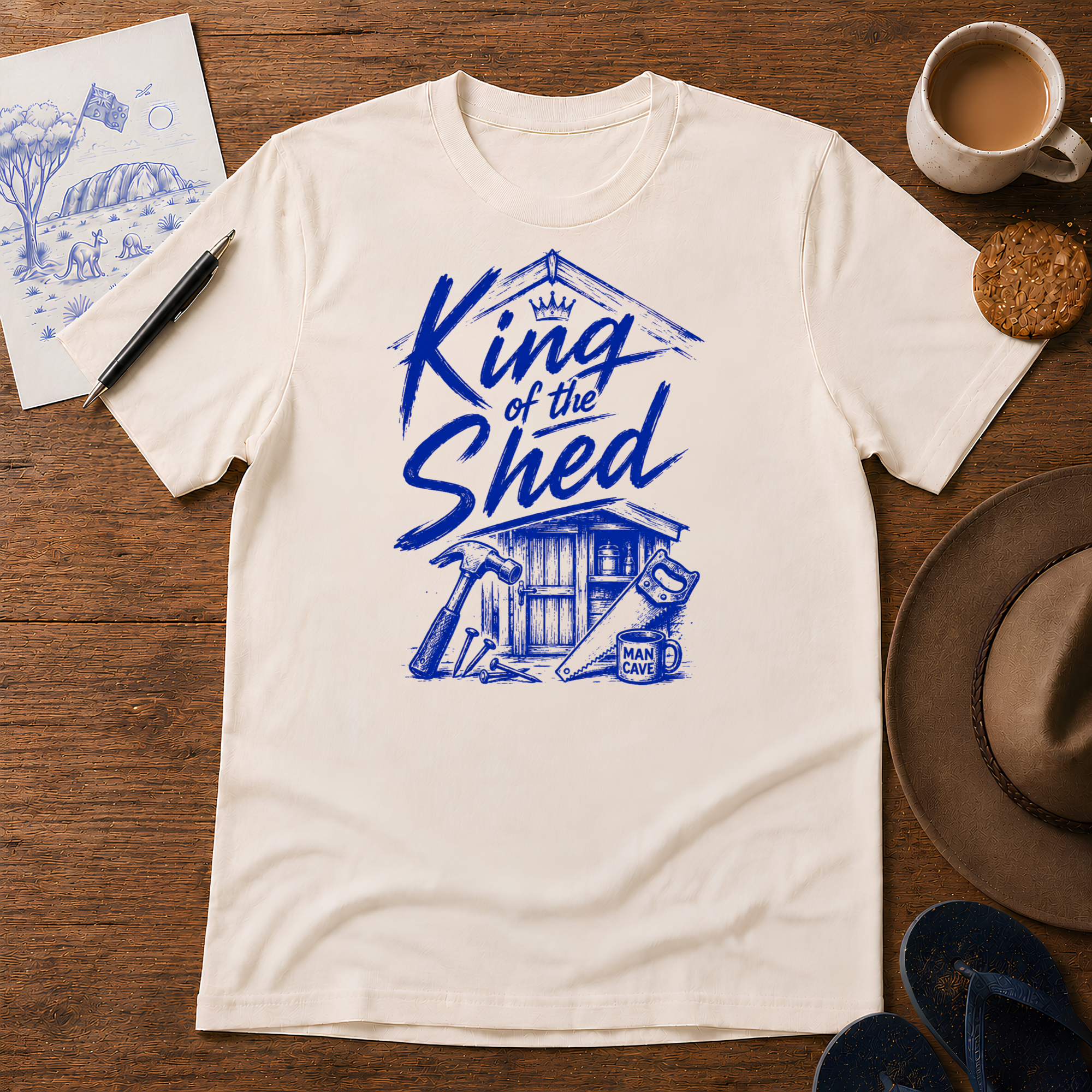 King of the Shed Tee ink-sketch T-shirt, in Natural