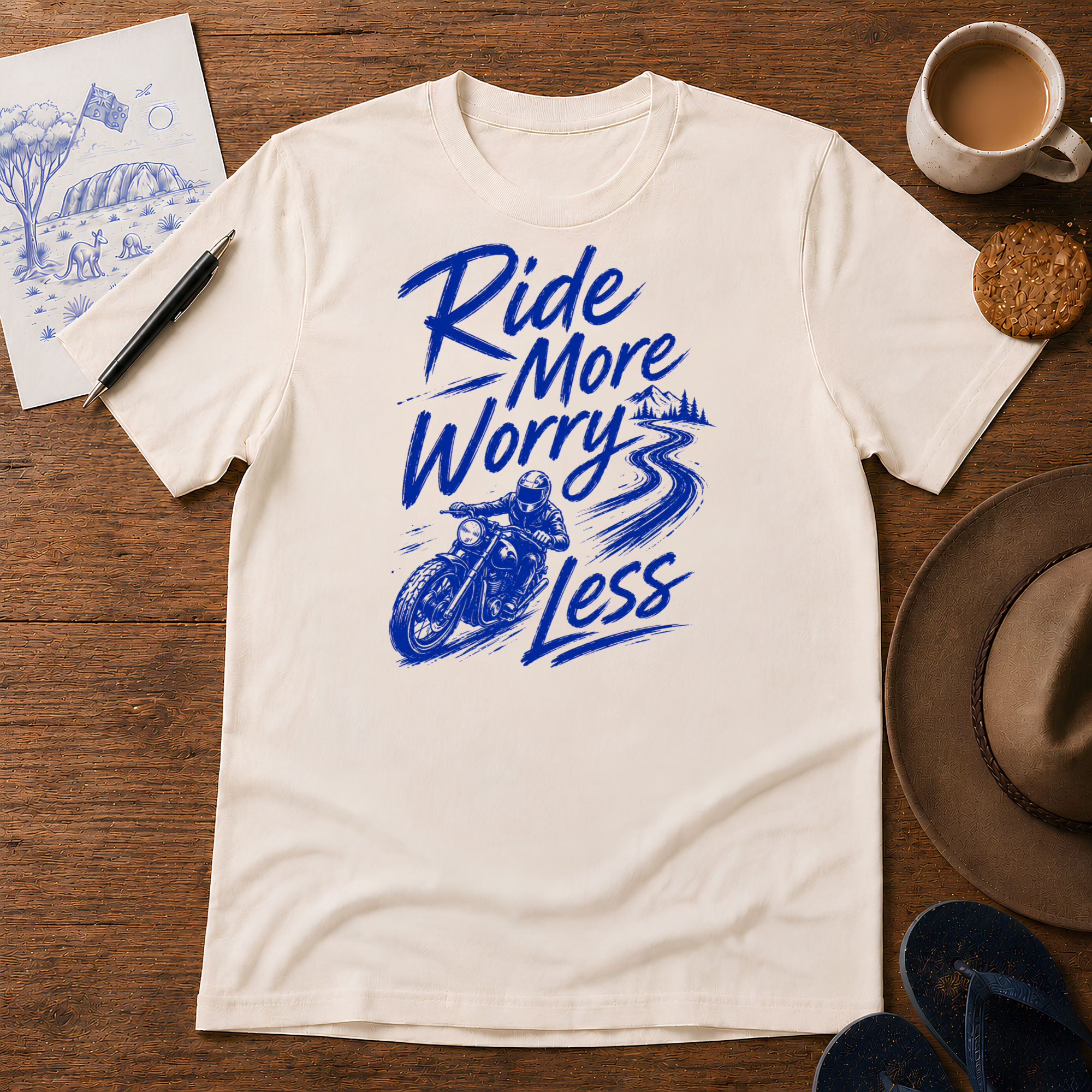Ride More, Worry Less Tee ink-sketch T-shirt, in Natural