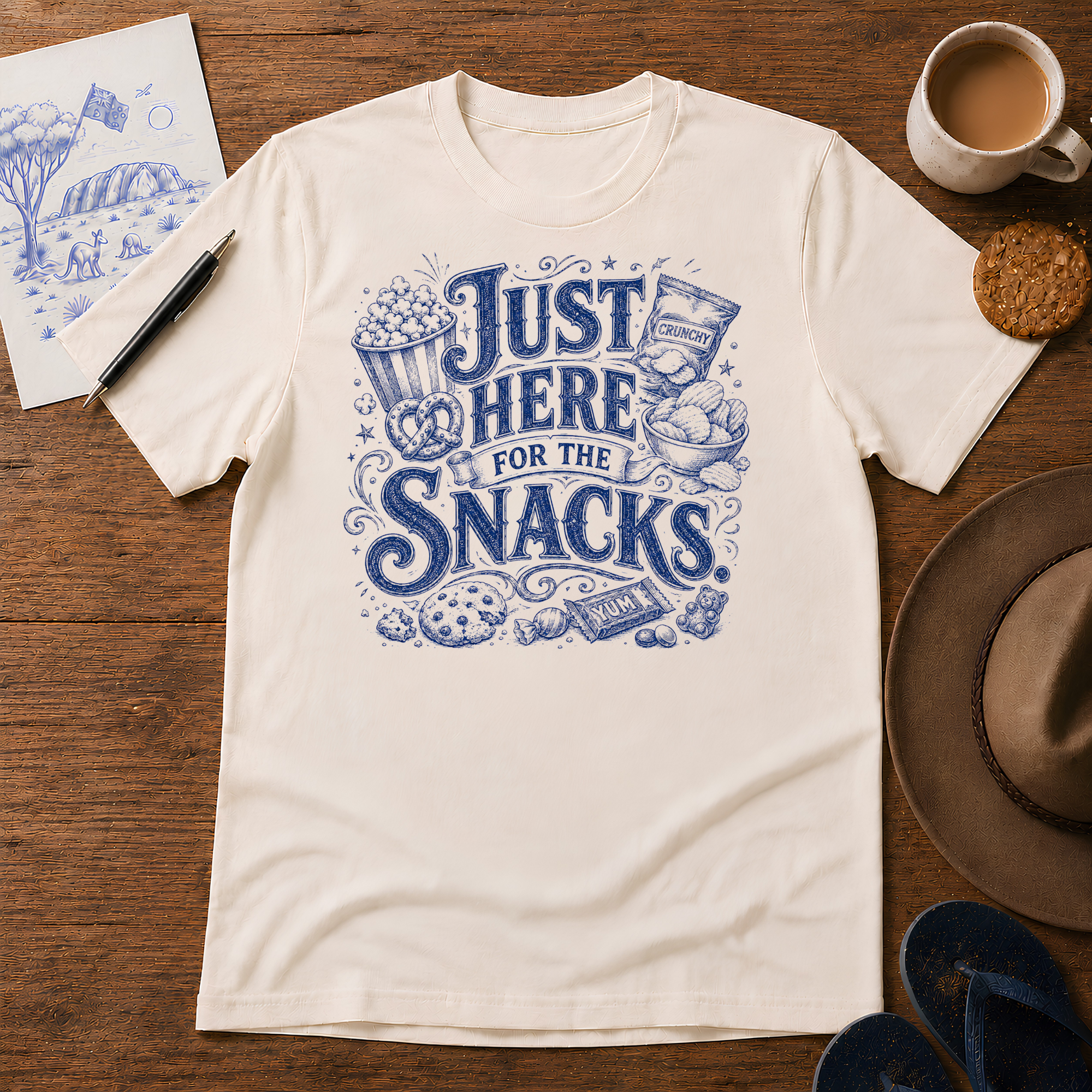 Just Here for the Snacks Tee ink-sketch T-shirt, in Natural