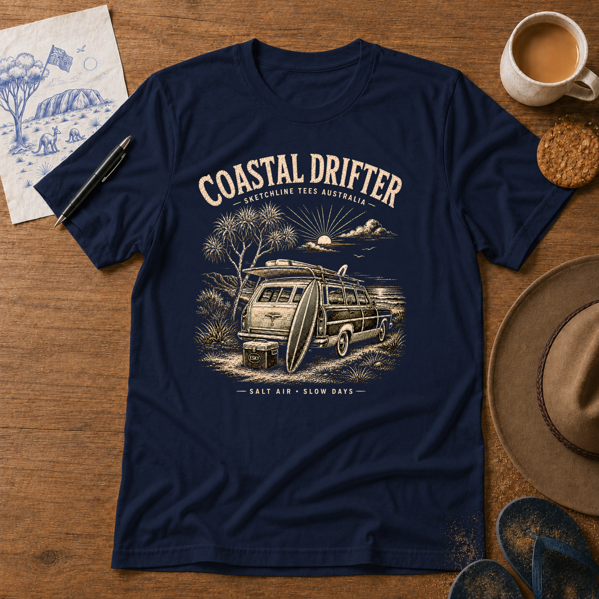 Coastal Drifter – Dark Edition ink-sketch T-shirt, in Navy