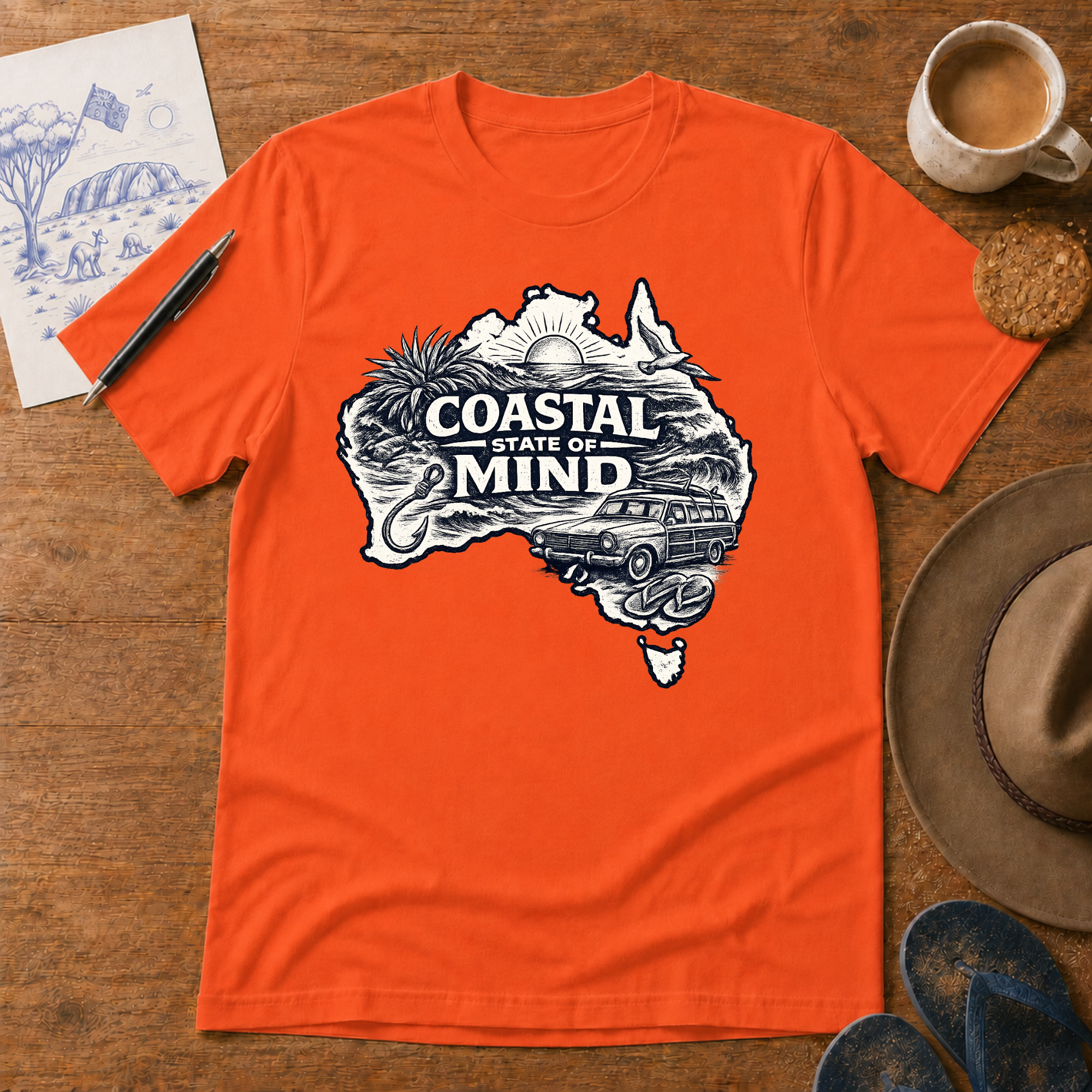 Coastal State of Mind Tee in orange – Australian coastal graphic T-shirt