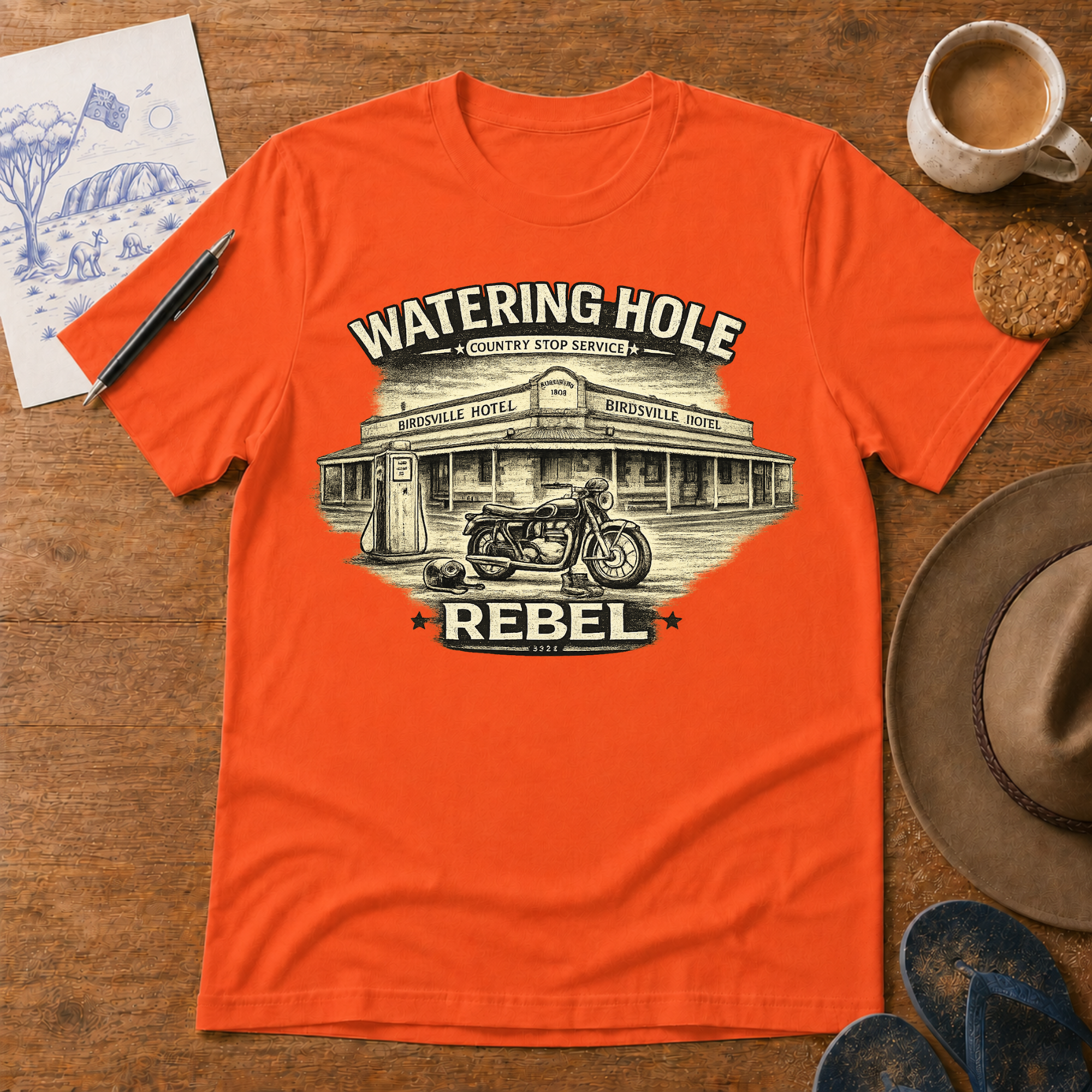 Watering Hole Tee in orange – Australian outback graphic T-shirt