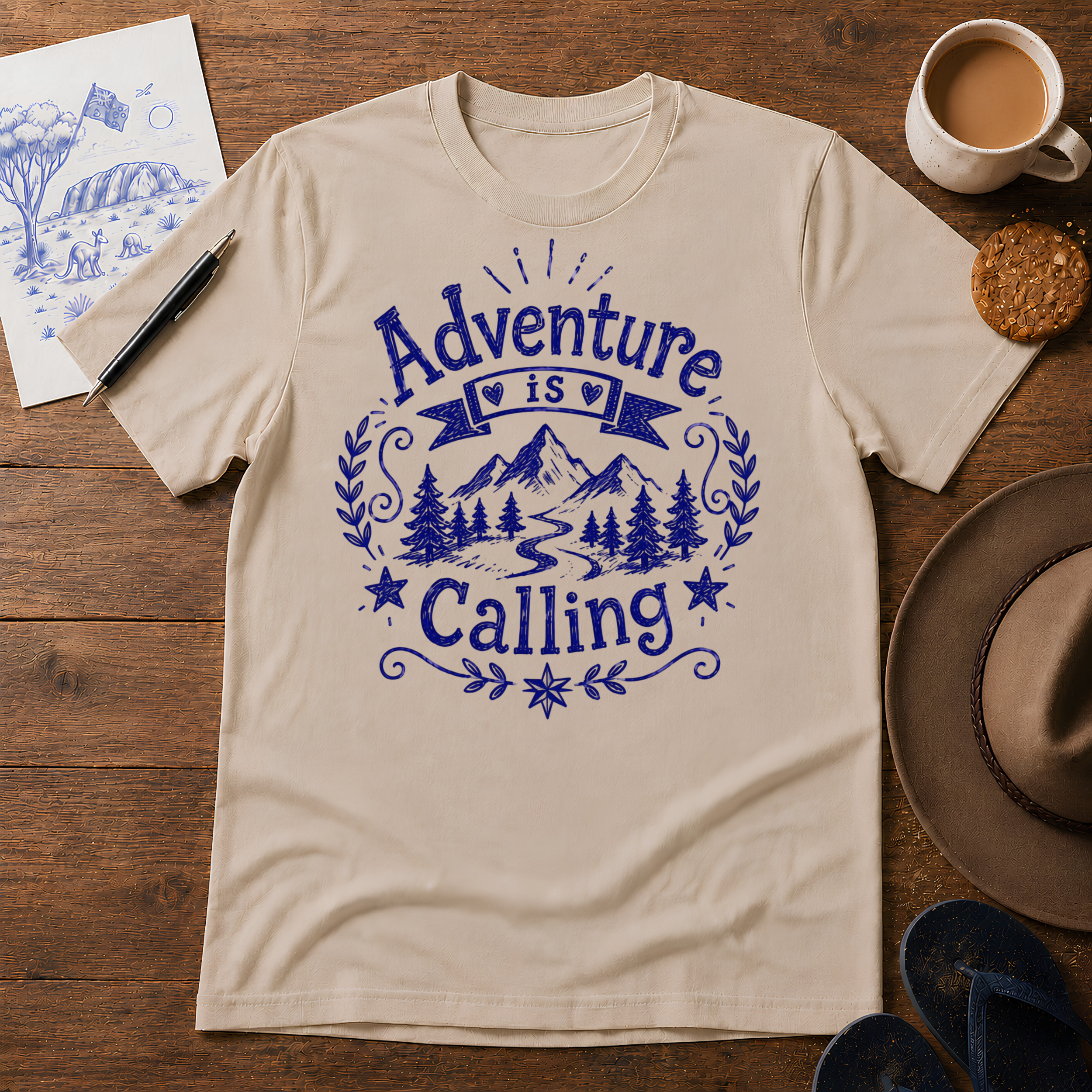 Adventure Is Calling Tee ink-sketch T-shirt, in Sand