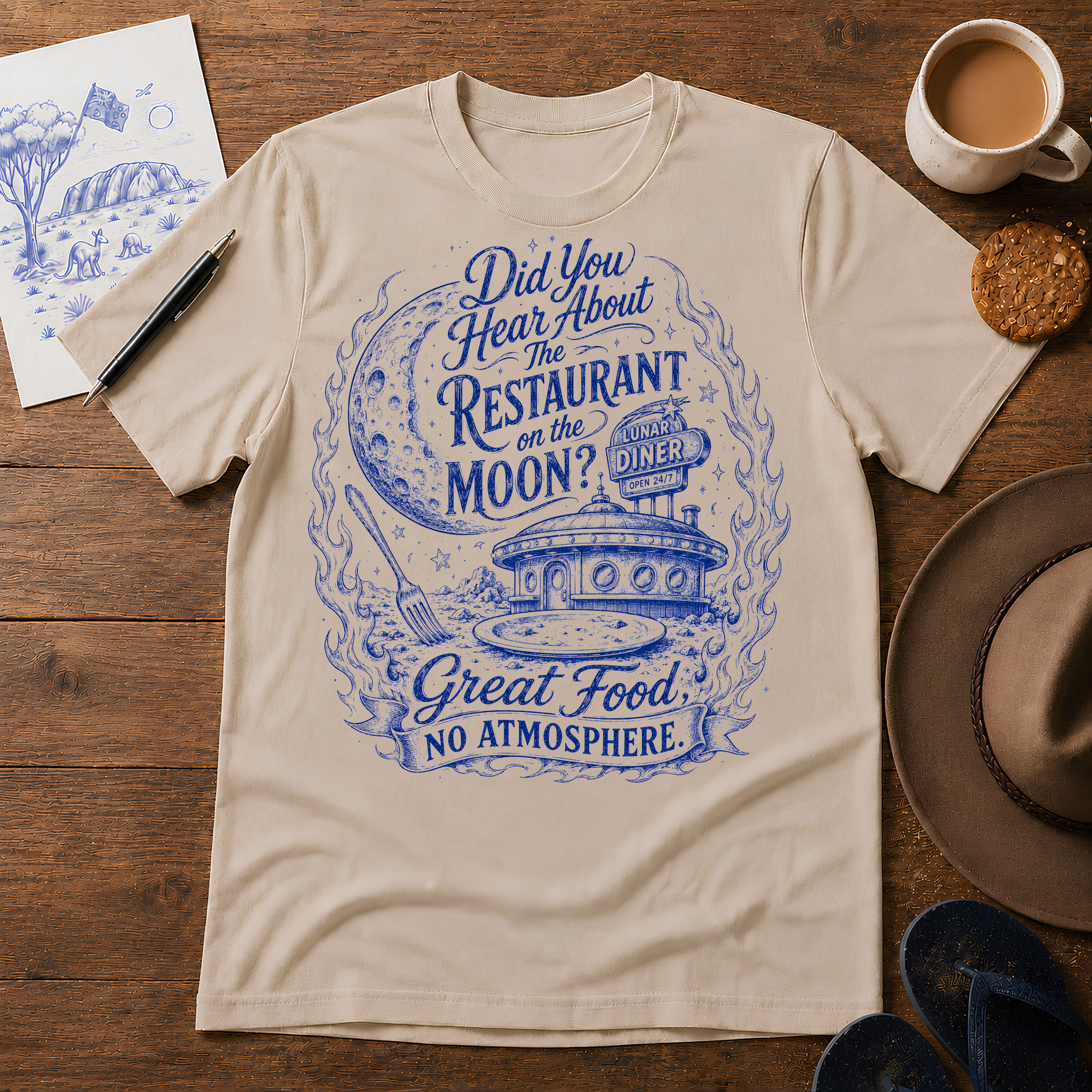 Restaurant on the Moon Tee ink-sketch T-shirt, product image 1