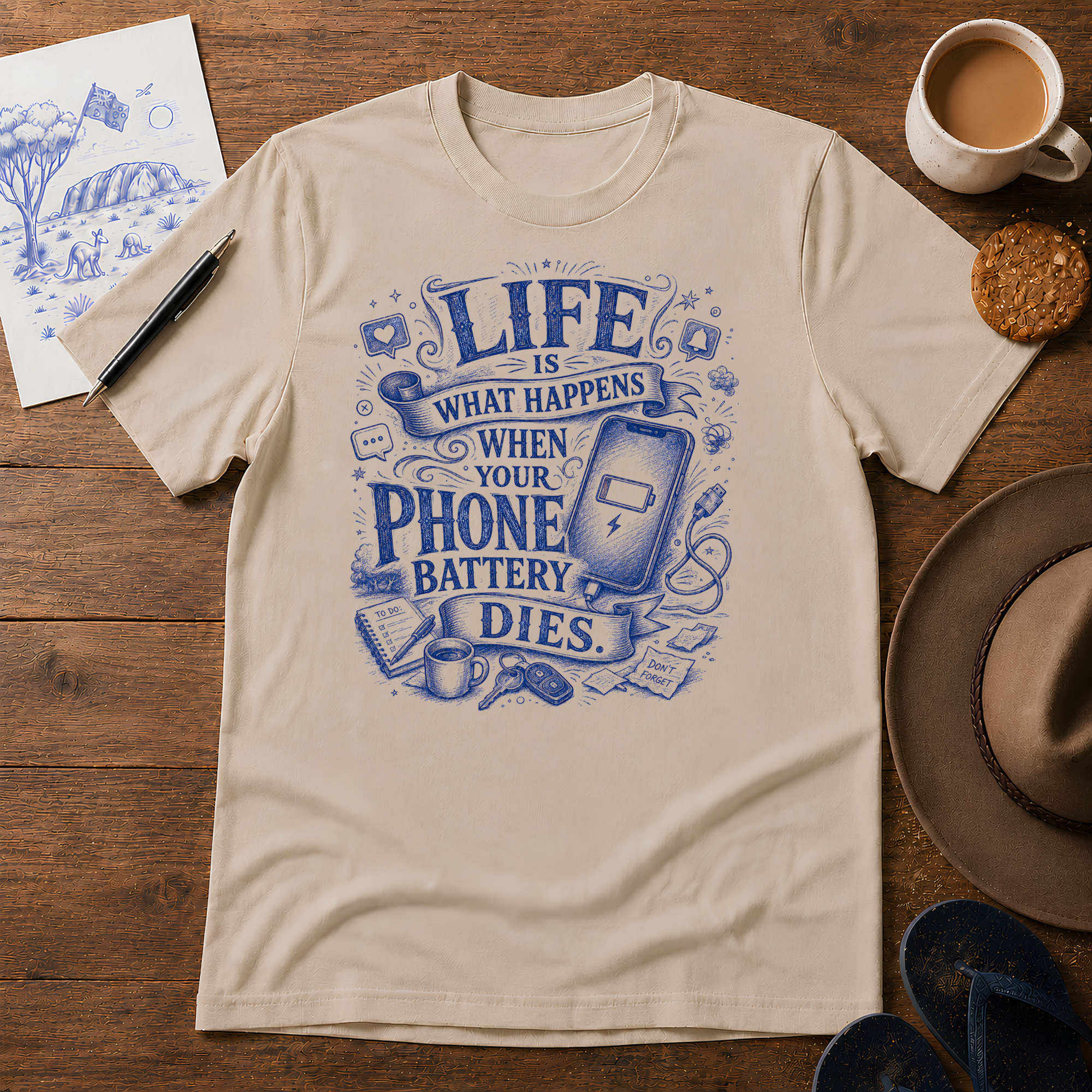Life Happens When Your Phone Dies Tee ink-sketch T-shirt, product image 2