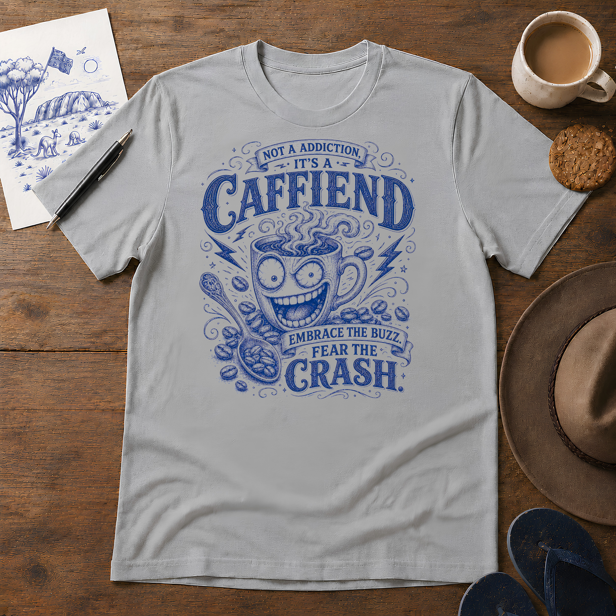 Caffiend Tee ink-sketch T-shirt, in Sport Grey