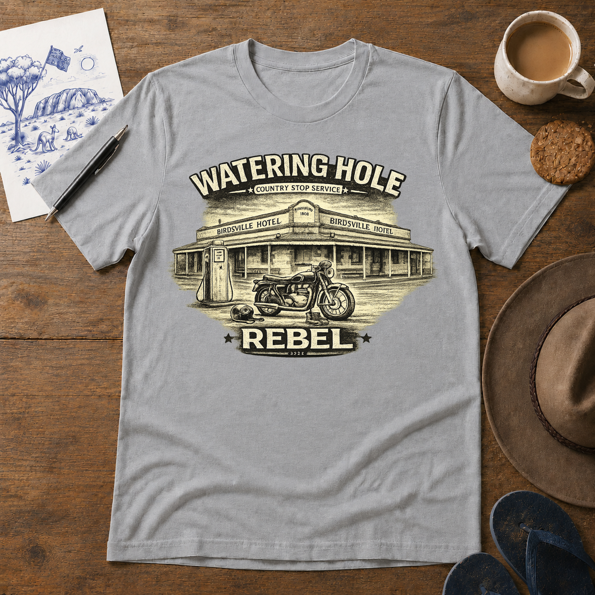 Watering Hole Tee in sport grey – Australian outback graphic T-shirt