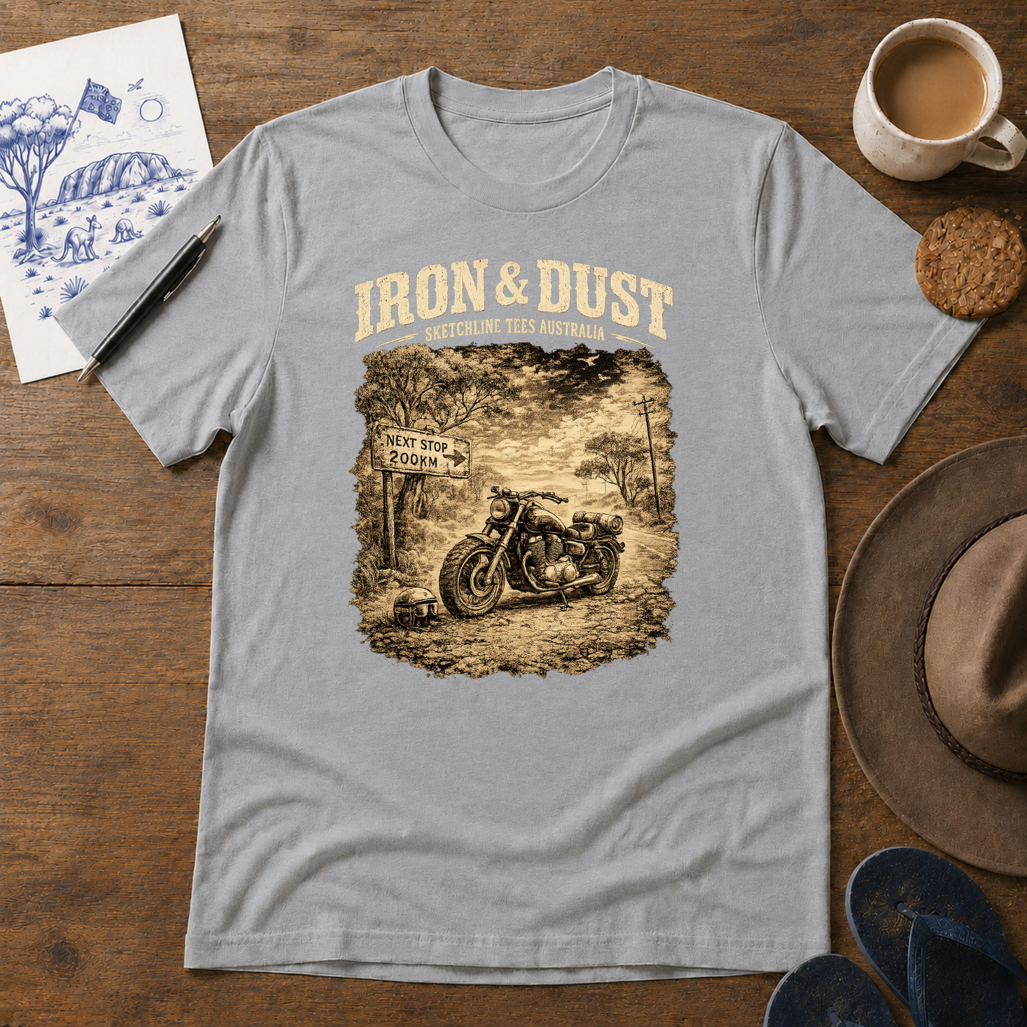 Iron & Dust Tee in sport grey – Australian motorcycle graphic T-shirt
