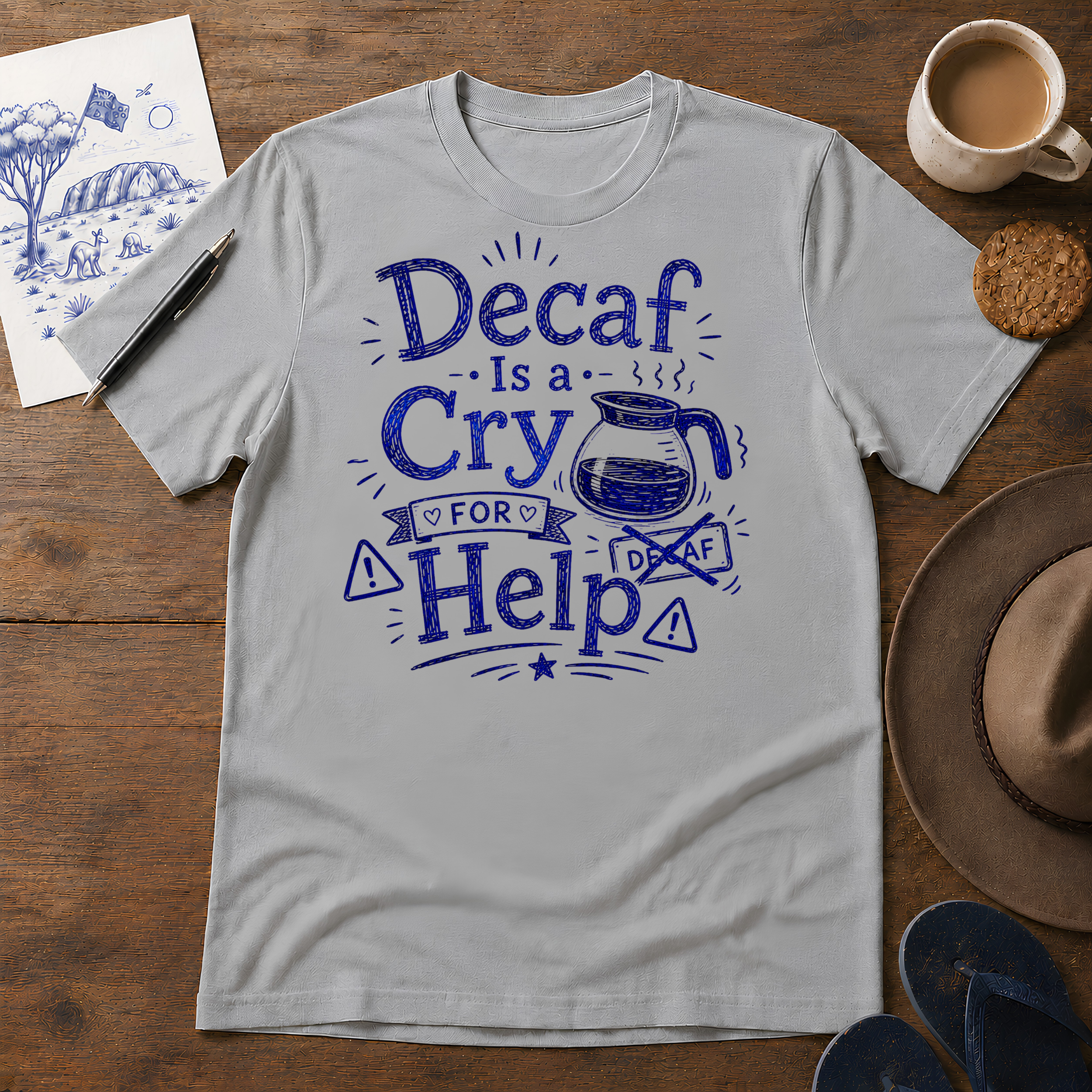 Decaf Is a Cry for Help Tee ink-sketch T-shirt, in Sport Grey