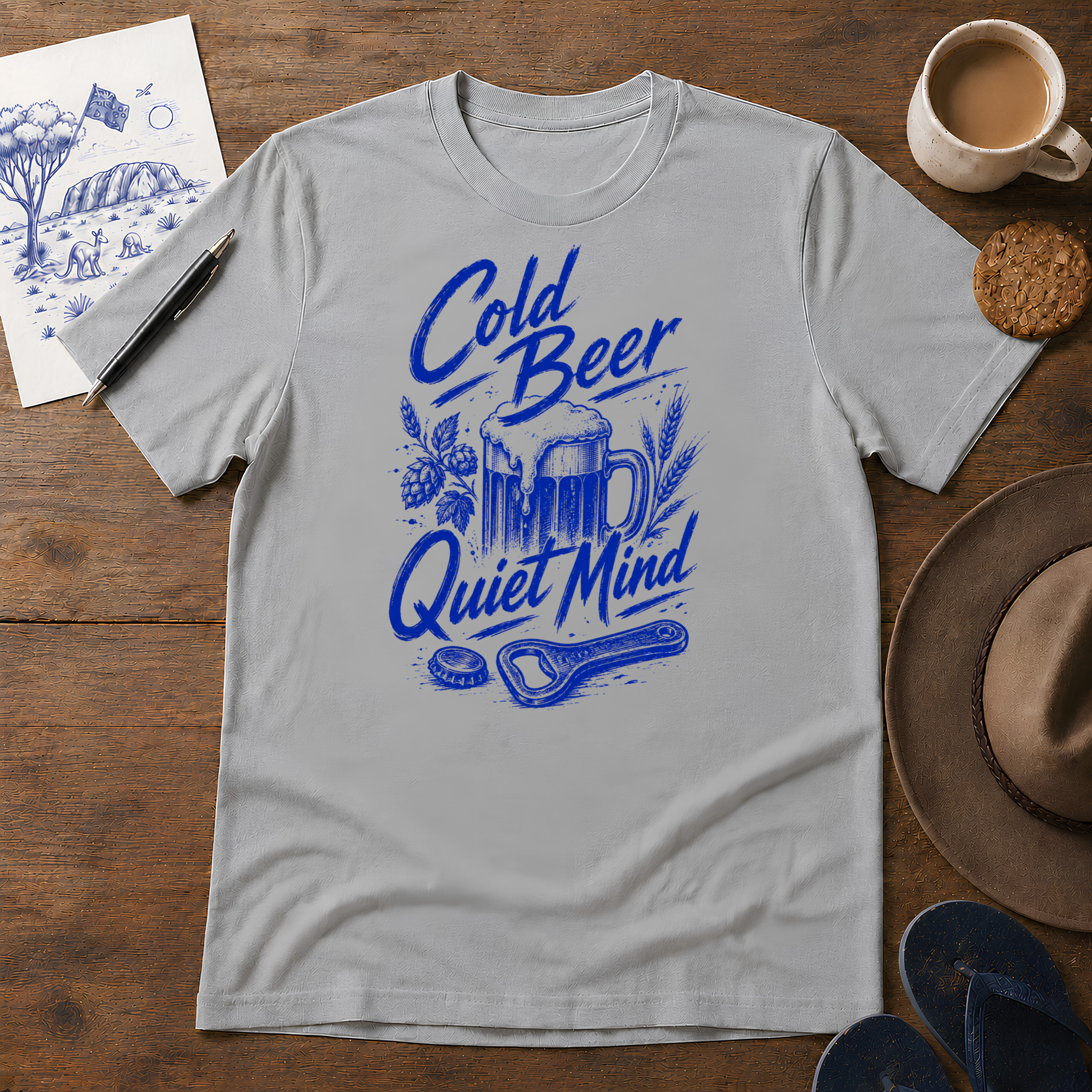 Cold Beer, Quiet Mind Tee ink-sketch T-shirt, in Sport Grey