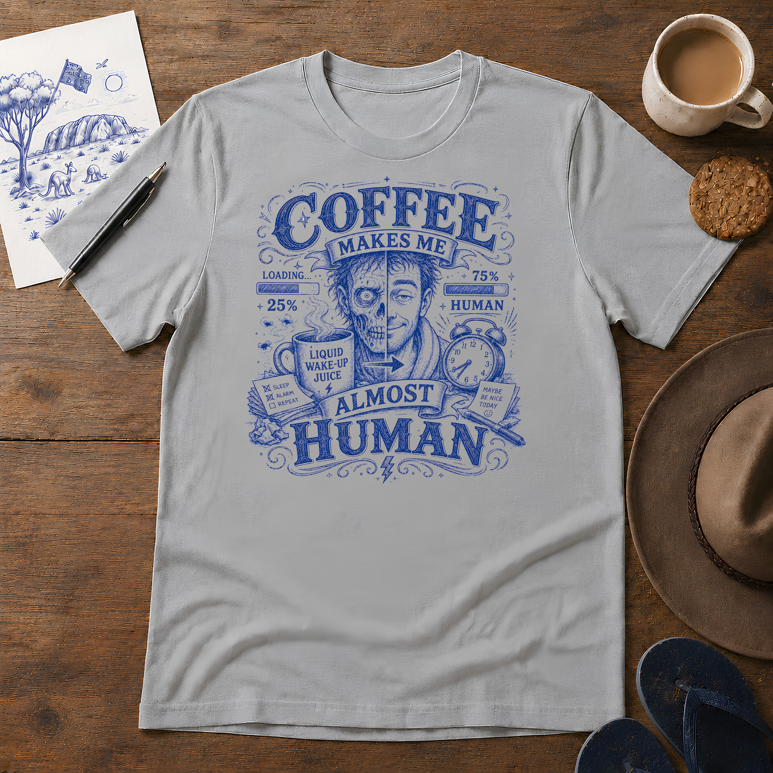 Coffee Makes Me Almost Human Tee ink-sketch T-shirt, in Sport Grey