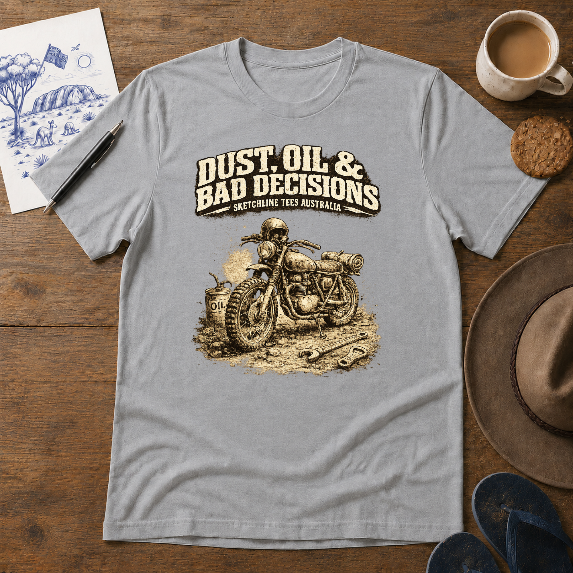 Dust, Oil & Bad Decisions Tee by Sketchline Tees - motorcycle graphic T-shirt