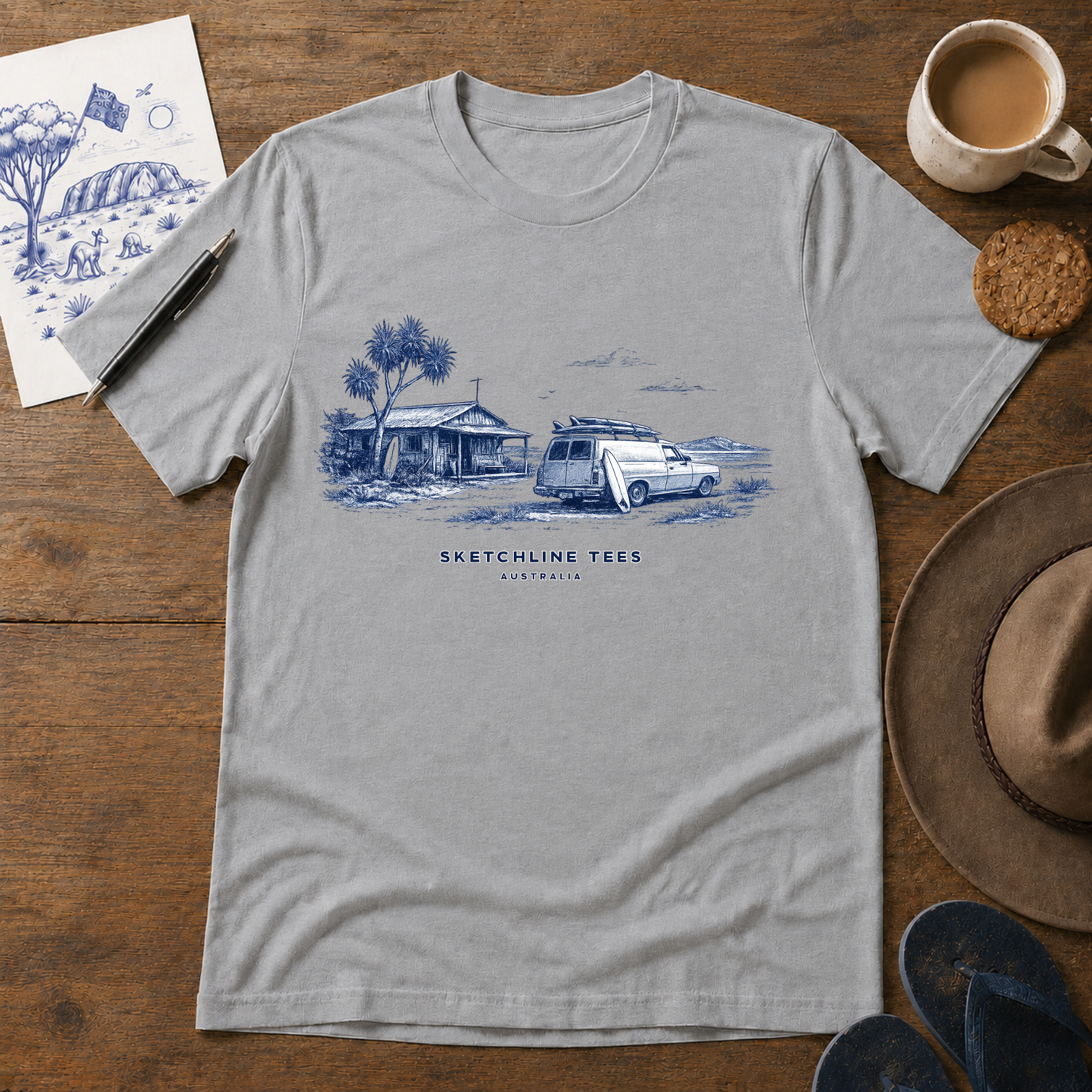 The Old Beach Shack Tee by Sketchline Tees - Australian coastal beach shack graphic T-shirt