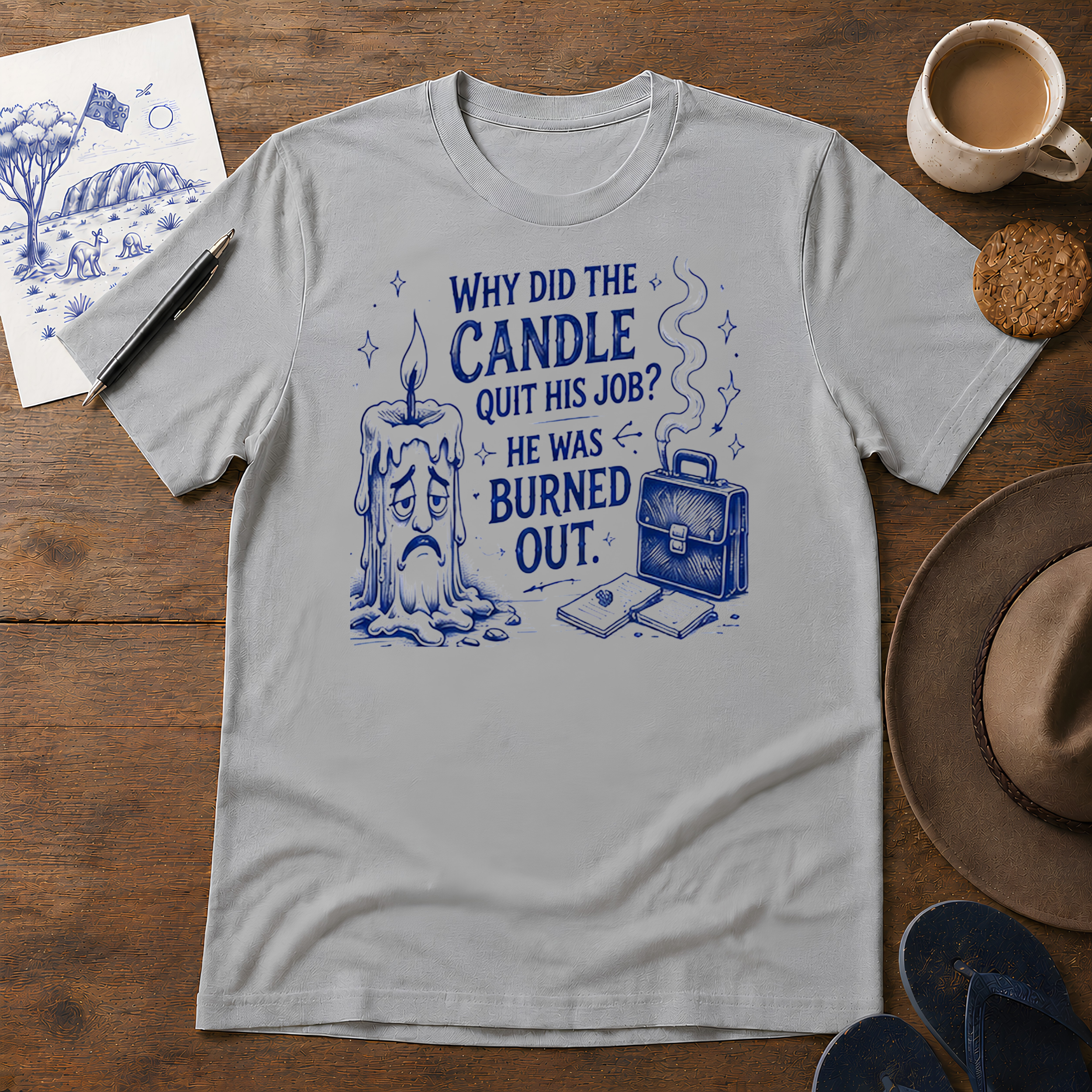 Why Did the Candle Quit His Job Tee ink-sketch T-shirt, in Sport Grey