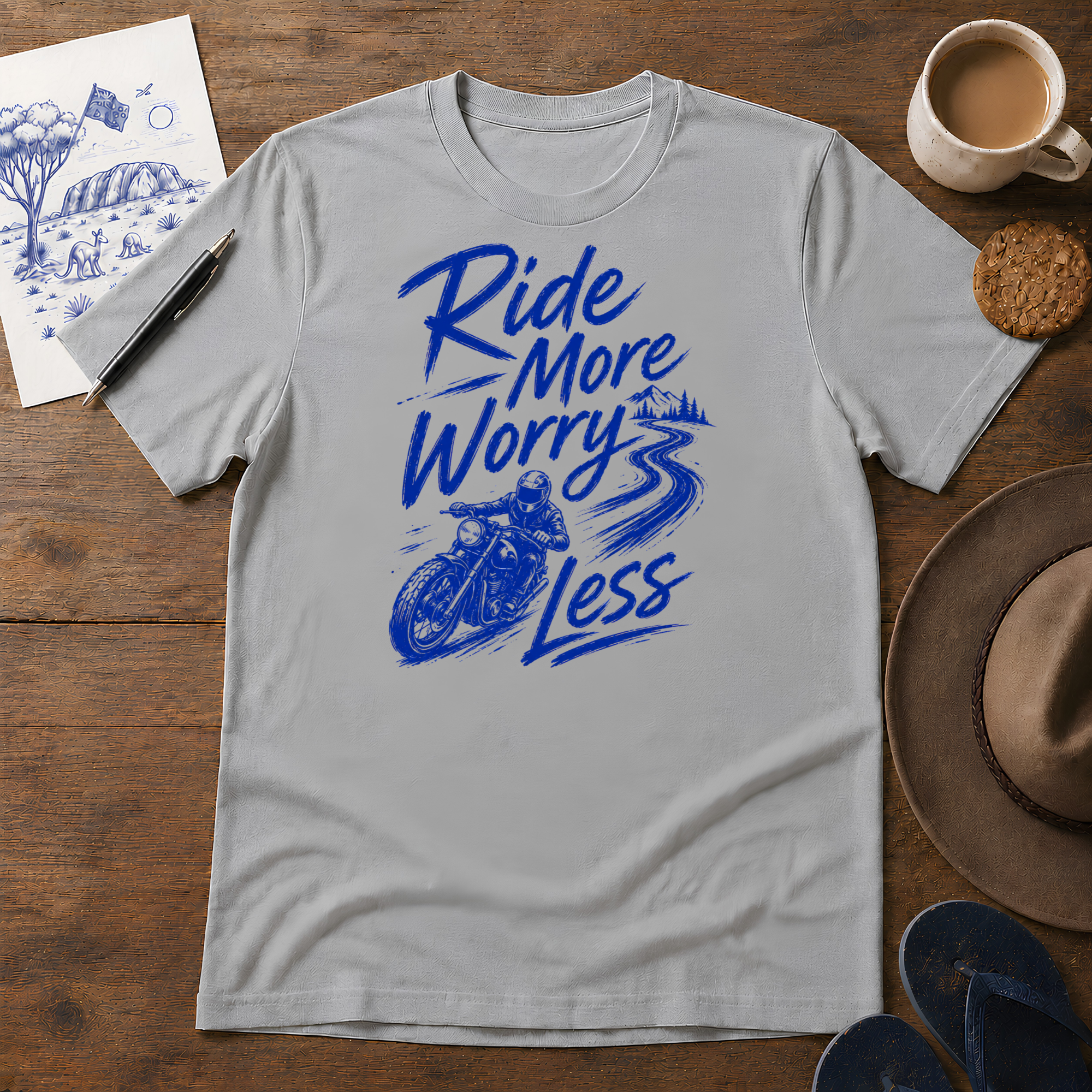 Ride More, Worry Less Tee ink-sketch T-shirt, in Sport Grey
