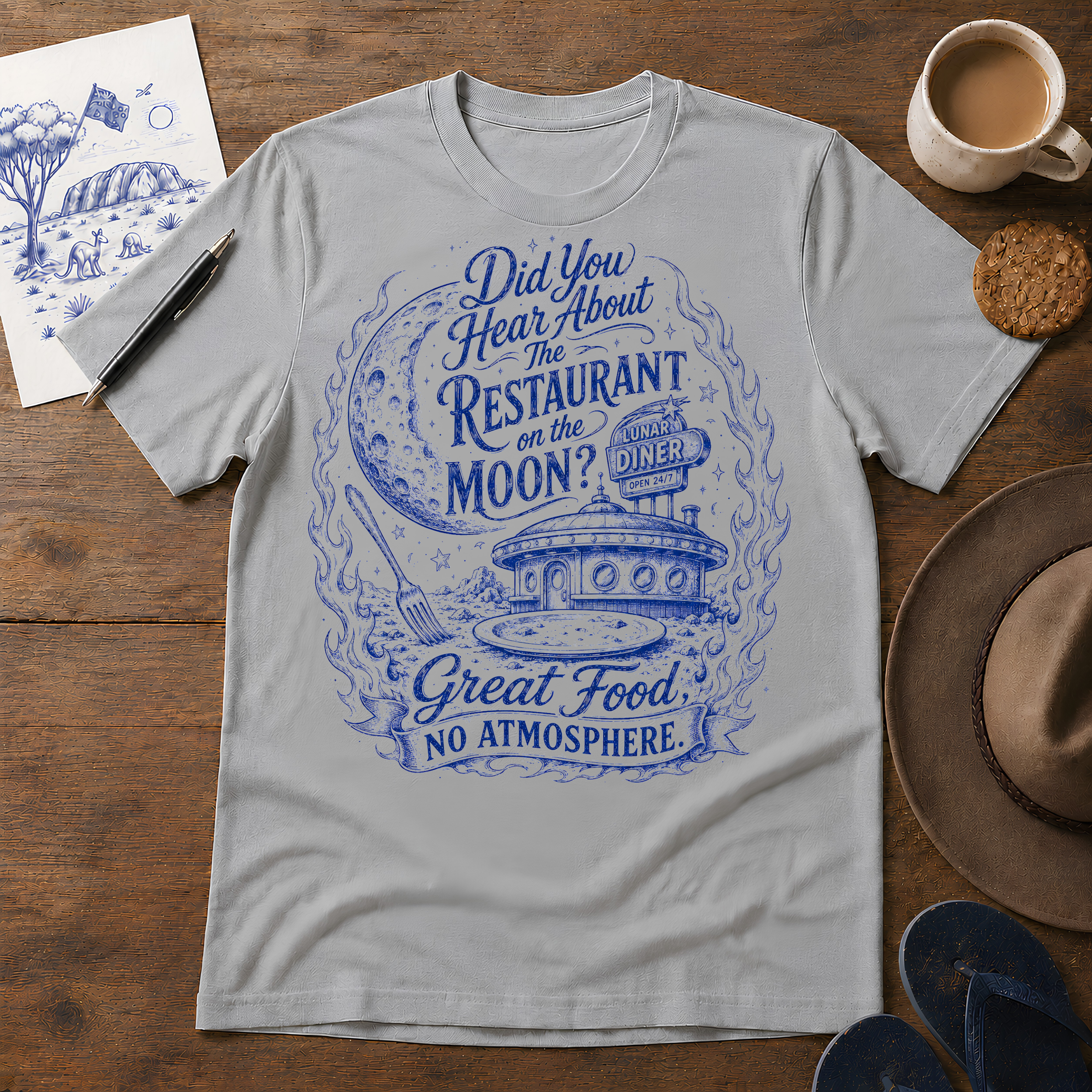 Restaurant on the Moon Tee ink-sketch T-shirt, in Sport Grey