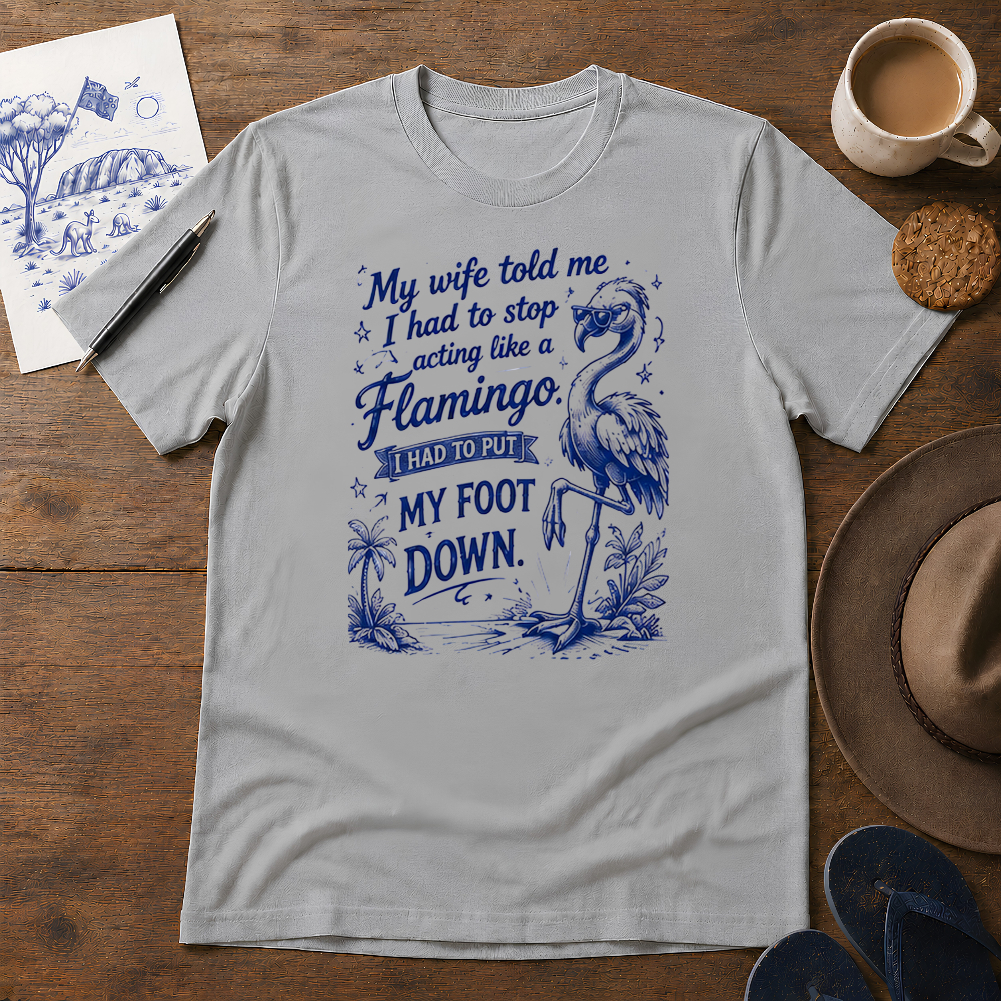 Flamingo Foot Down Tee ink-sketch T-shirt, in Sport Grey