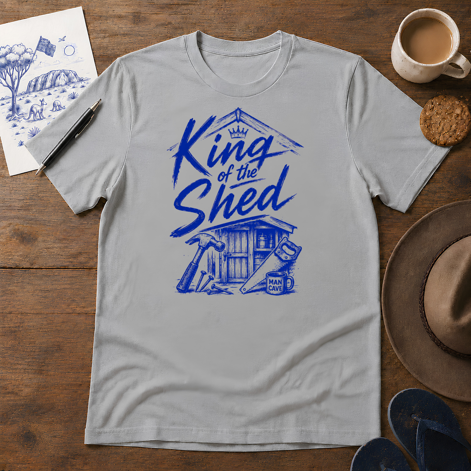 King of the Shed Tee ink-sketch T-shirt, in Sport Grey