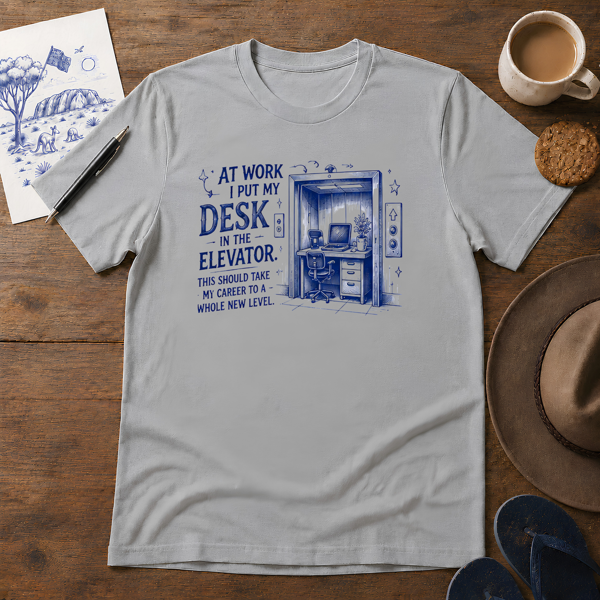 Desk in the Elevator Tee ink-sketch T-shirt, in Sport Grey