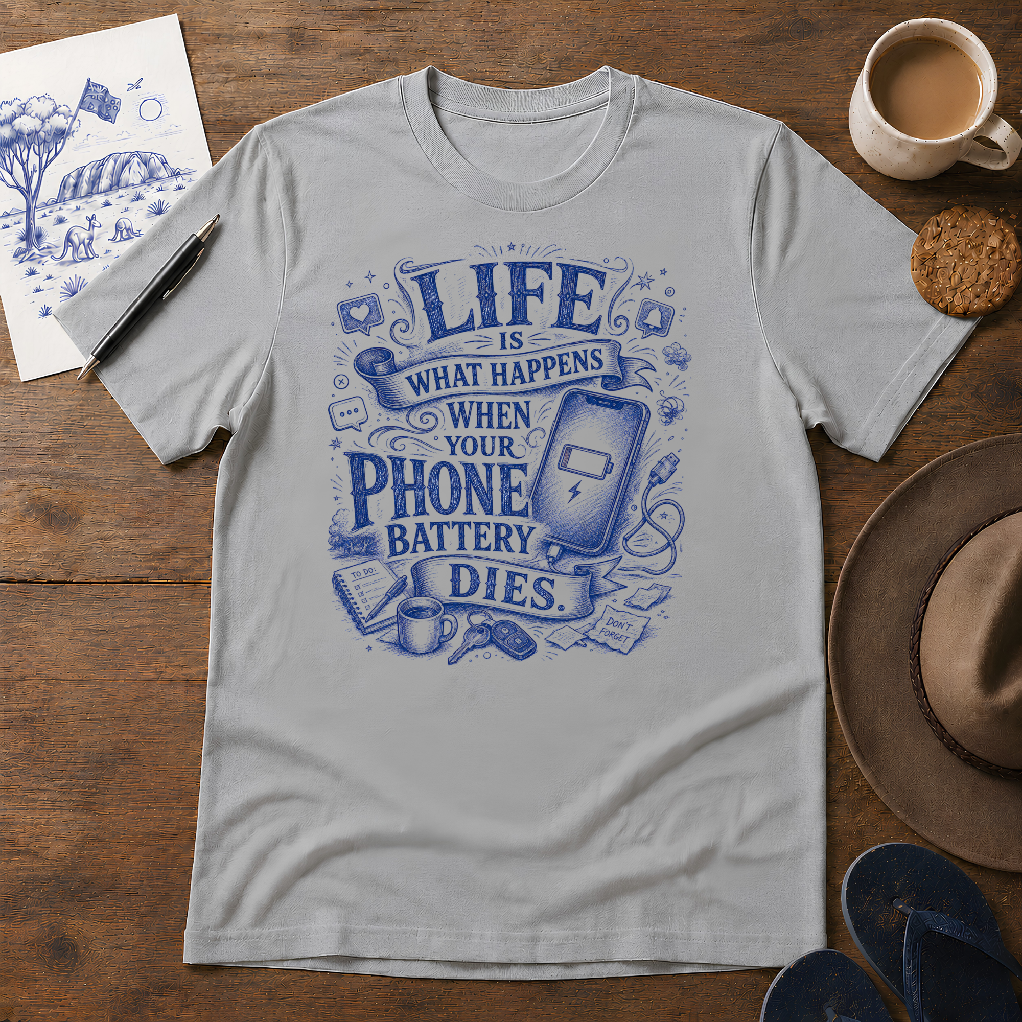 Life Happens When Your Phone Dies Tee ink-sketch T-shirt, in Sport Grey
