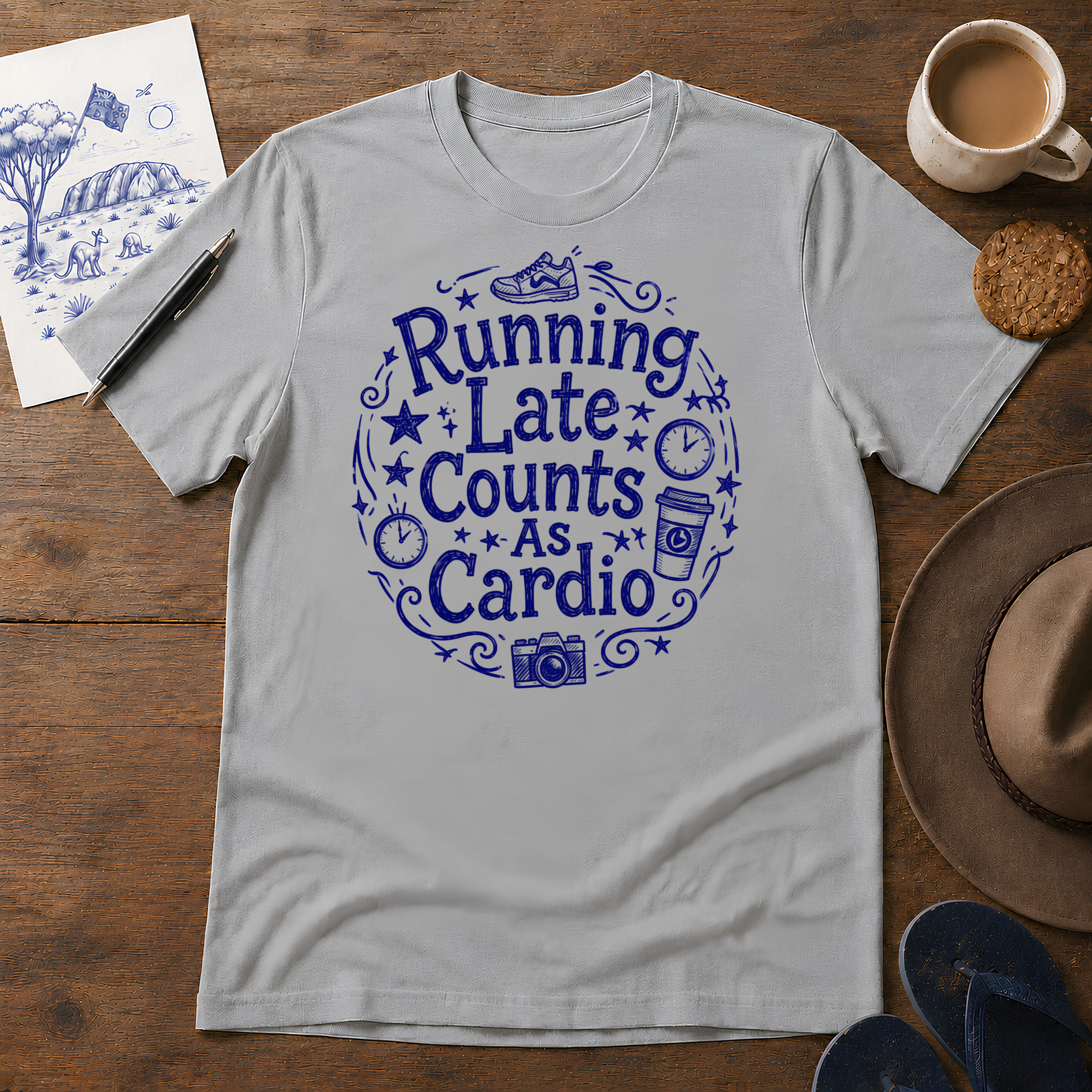 Running Late Counts as Cardio Tee ink-sketch T-shirt, in Sport Grey
