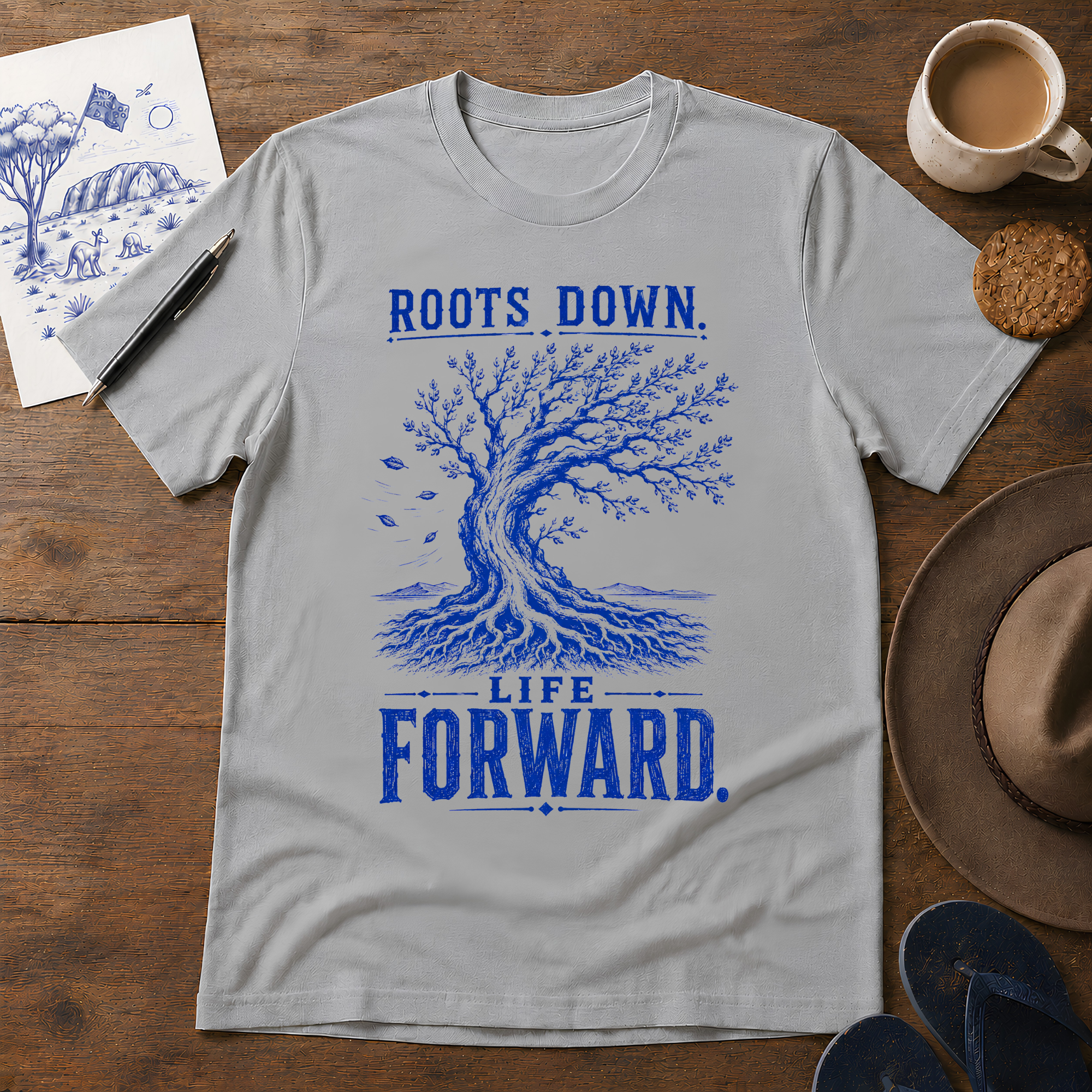 Roots Down, Life Forward ink-sketch T-shirt in Sport Grey