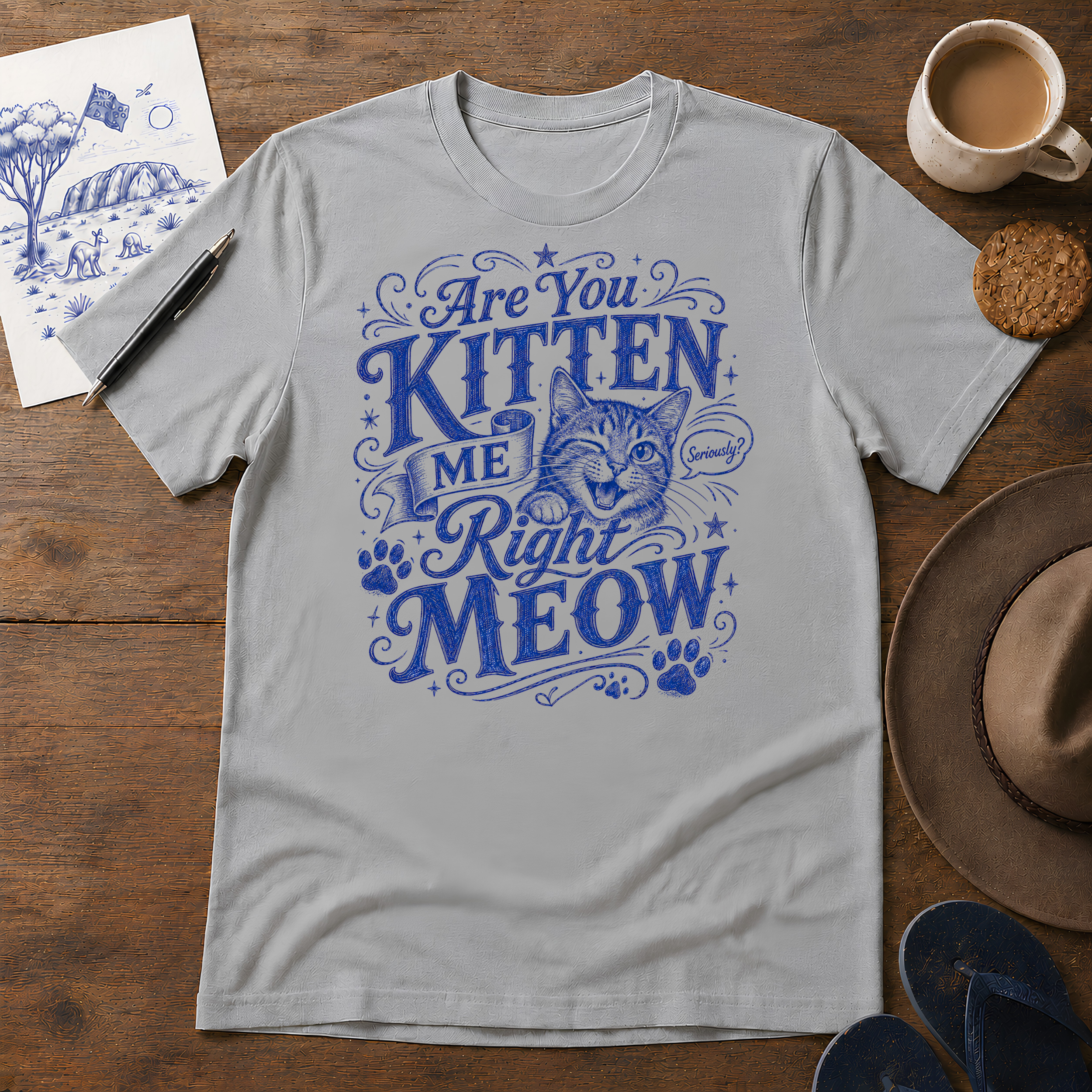 Are You Kitten Me Right Meow Tee ink-sketch T-shirt, in Sport Grey