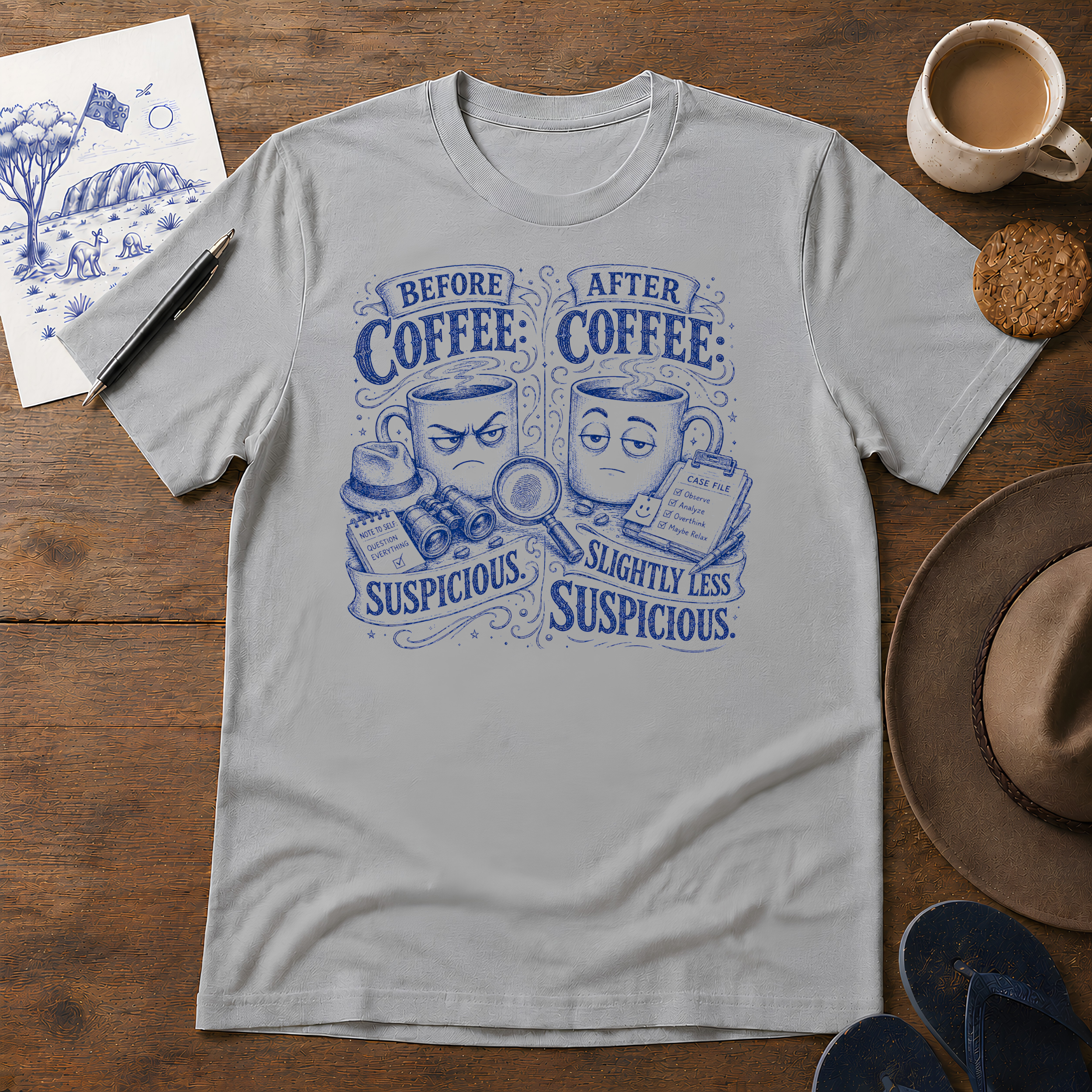 Before Coffee, After Coffee Tee ink-sketch T-shirt, in Sport Grey