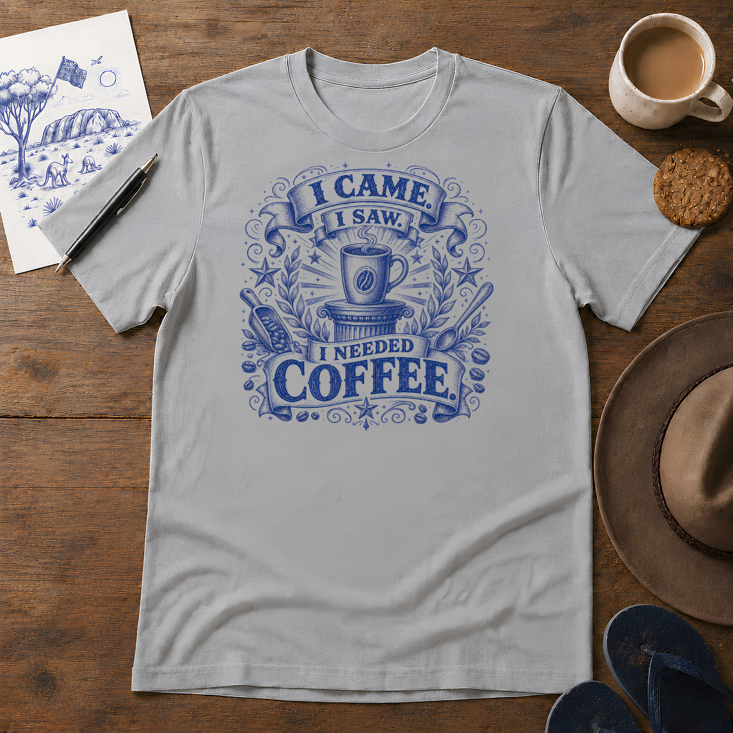 I Came, I Saw, I Needed Coffee Tee ink-sketch T-shirt, in Sport Grey