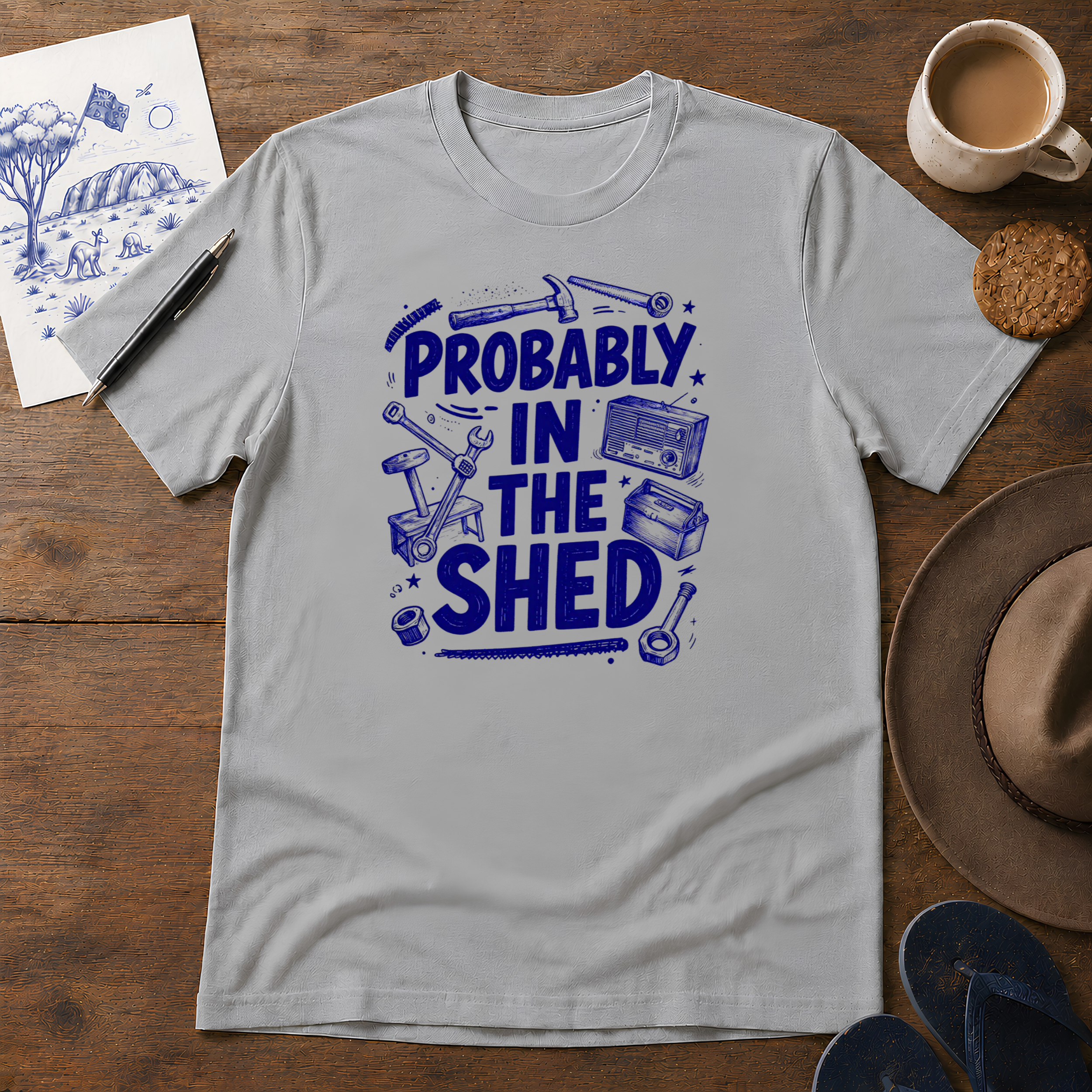 Probably in the Shed Tee ink-sketch T-shirt, in Sport Grey