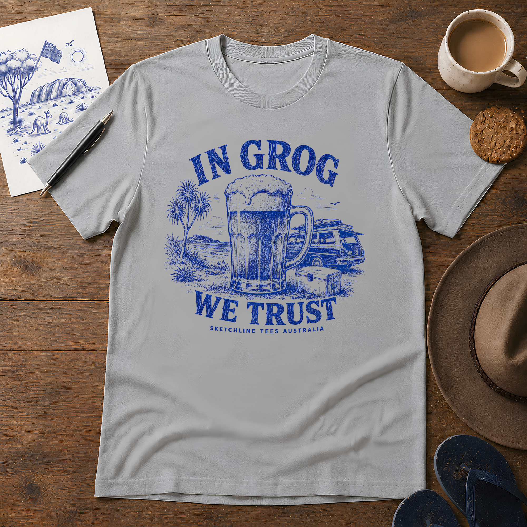 In Grog We Trust ink-sketch T-shirt, in Sport Grey