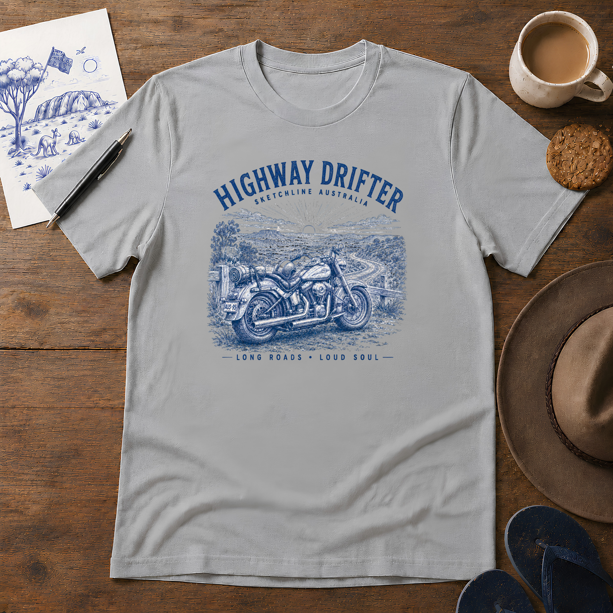 Highway Drifter Tee ink-sketch T-shirt, in Sport Grey