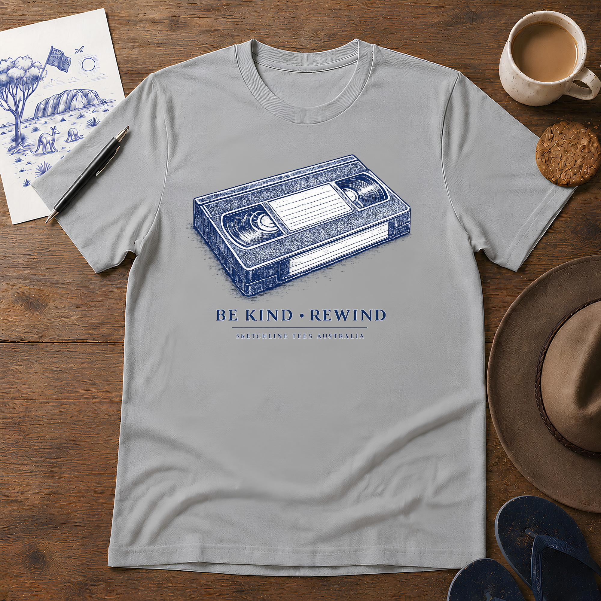 Be Kind, Rewind retro ink-sketch T-shirt in Sport Grey