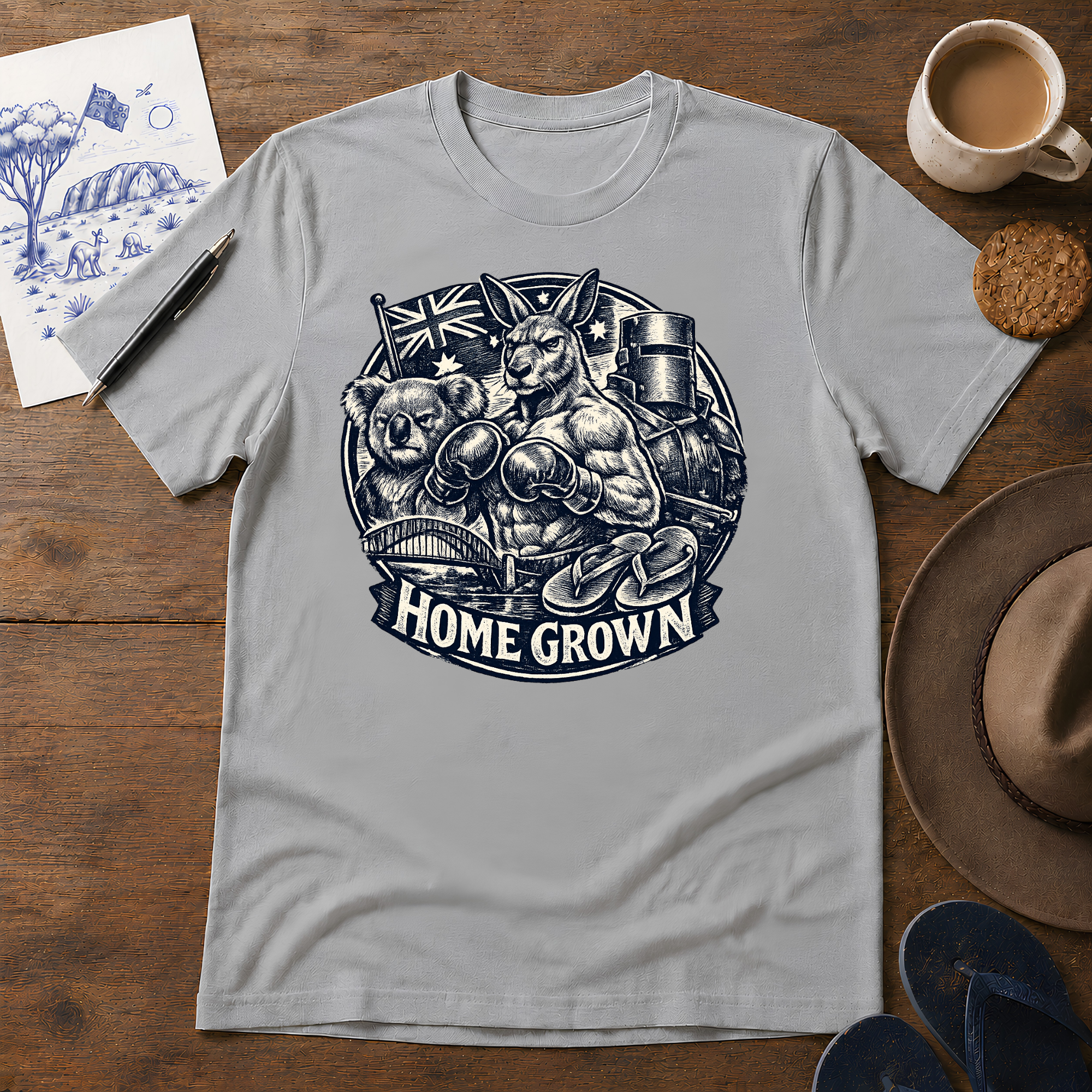 Home Grown Australian ink-sketch T-shirt in Sport Grey