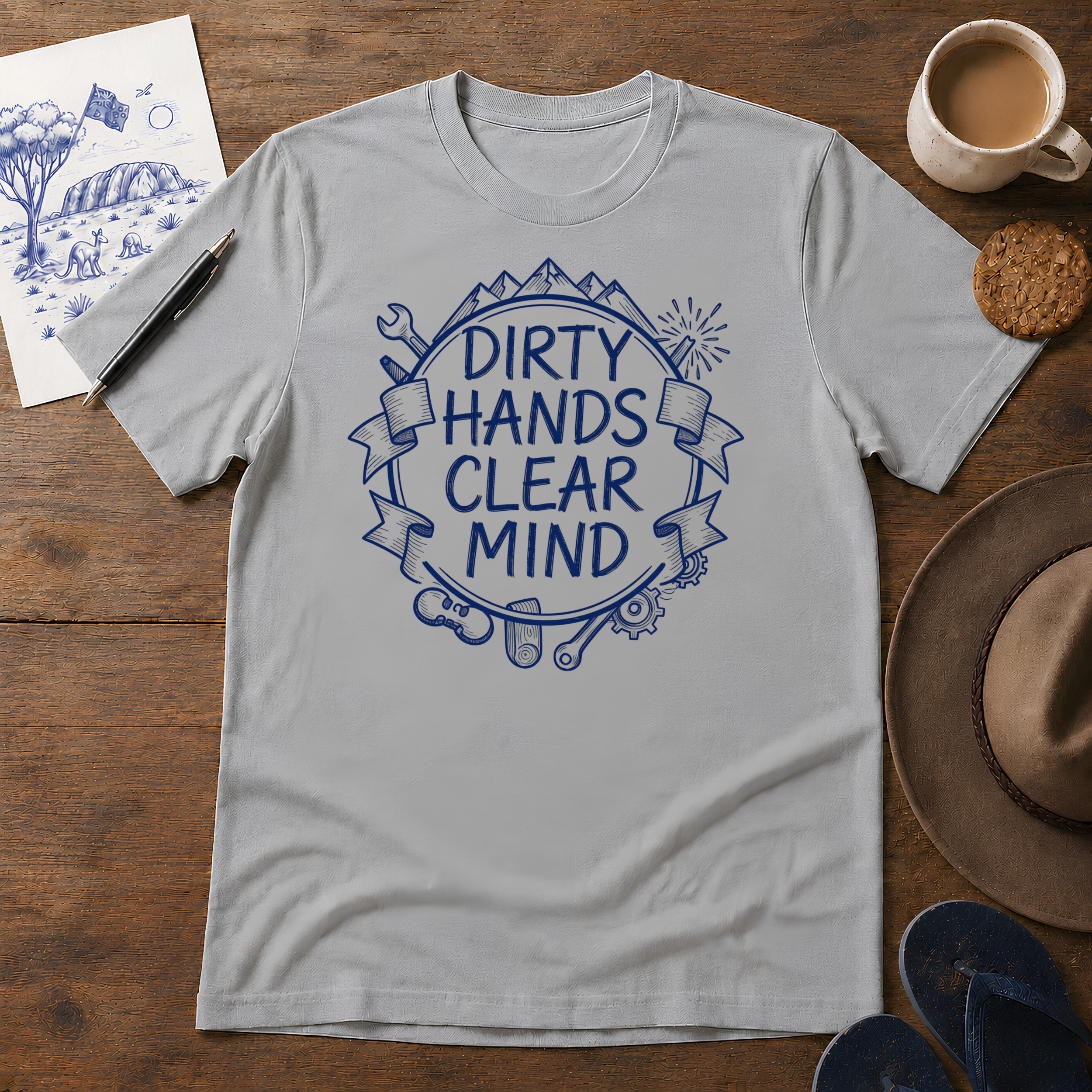 Dirty Hands, Clear Mind Tee ink-sketch T-shirt, in Sport Grey