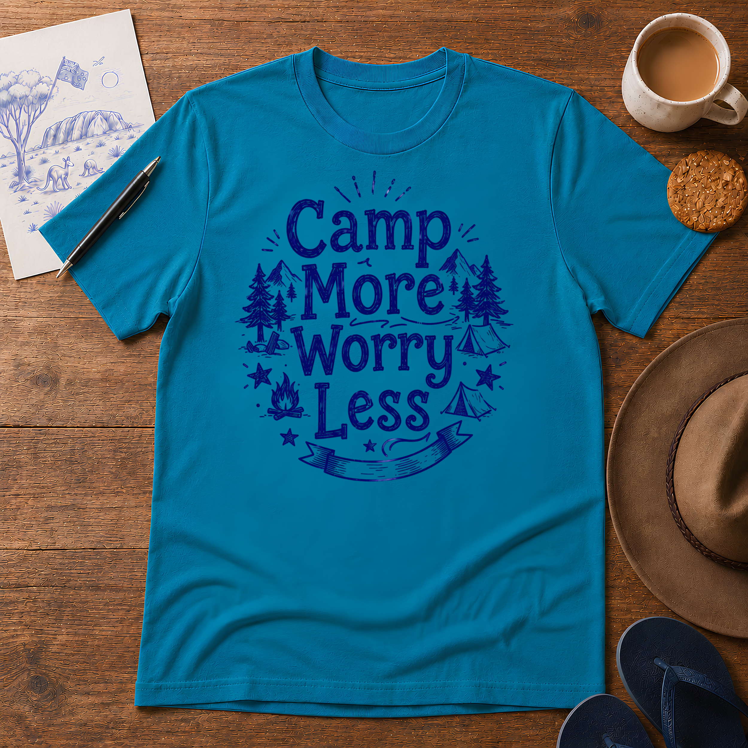 Camp More, Worry Less Tee ink-sketch T-shirt, in Tropical Blue
